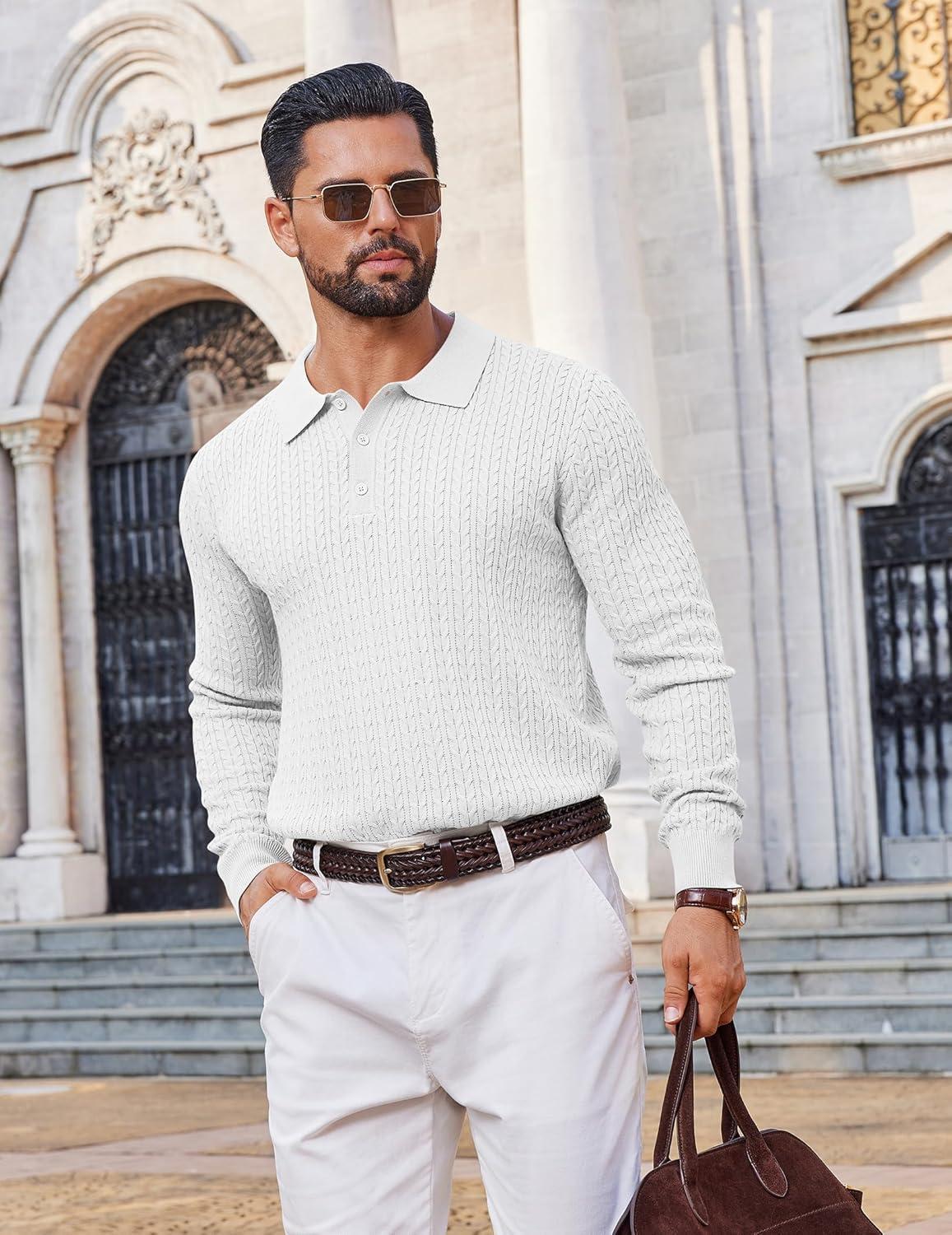 imageCOOFANDY Mens Knit Polo Sweater Long Sleeve Quarter Button Polo Shirts Casual Ribbed Collared Shirt Golf Pullover SweatersWhite