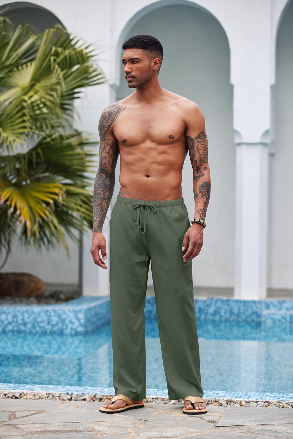 imageCOOFANDY Mens Linen Pant Elastic Waist Linen Pants Drawstring Summer Beach PantA Dark Army Green