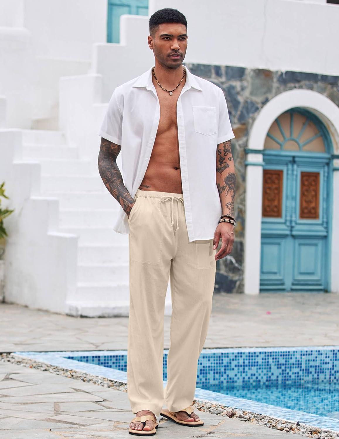 imageCOOFANDY Mens Linen Pant Elastic Waist Linen Pants Drawstring Summer Beach PantA Medium Khaki
