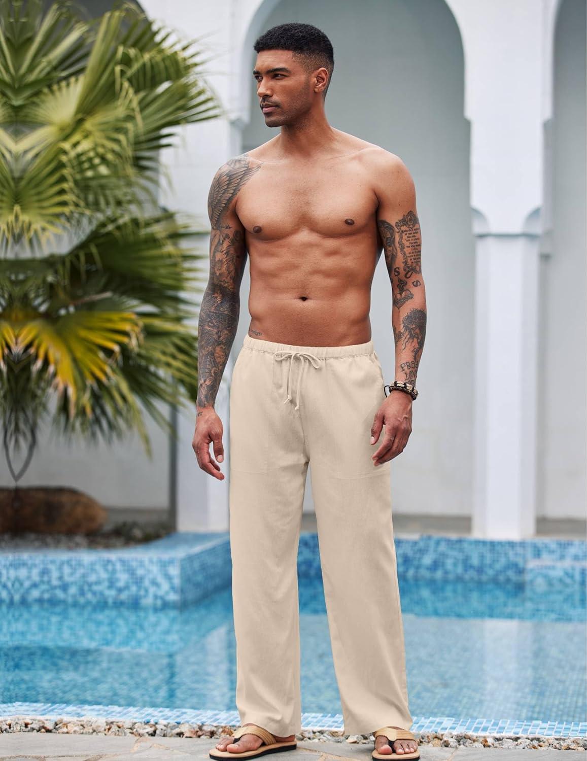 imageCOOFANDY Mens Linen Pant Elastic Waist Linen Pants Drawstring Summer Beach PantA Medium Khaki