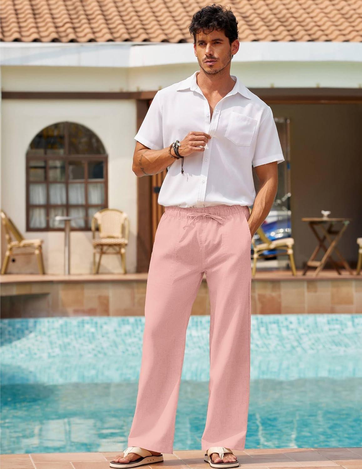 imageCOOFANDY Mens Linen Pant Elastic Waist Linen Pants Drawstring Summer Beach PantA Pink