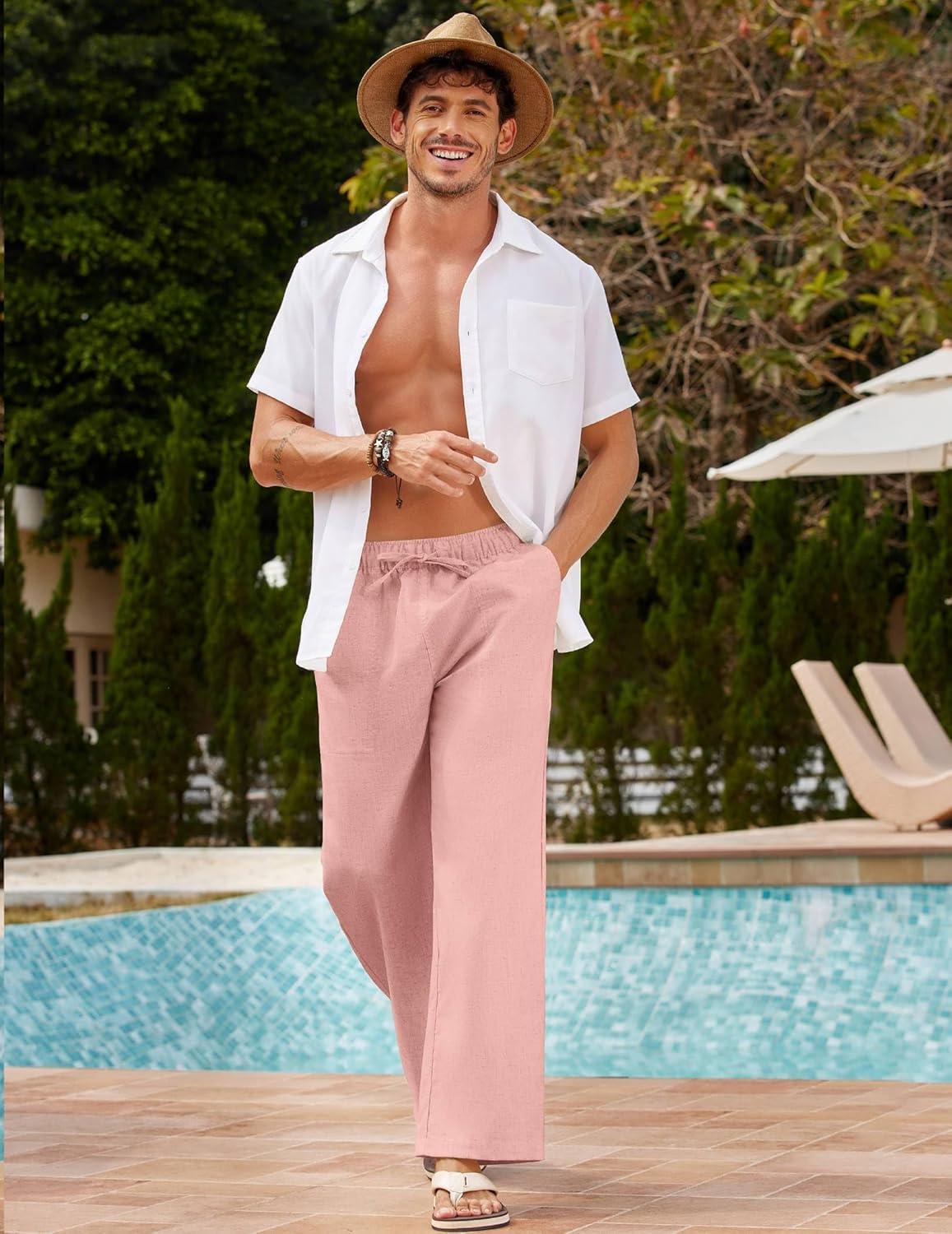 imageCOOFANDY Mens Linen Pant Elastic Waist Linen Pants Drawstring Summer Beach PantA Pink