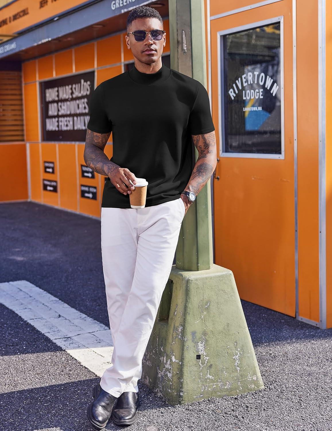 imageCOOFANDY Mens Mock Turtleneck Short Sleeve Casual Stretch SweaterBlack