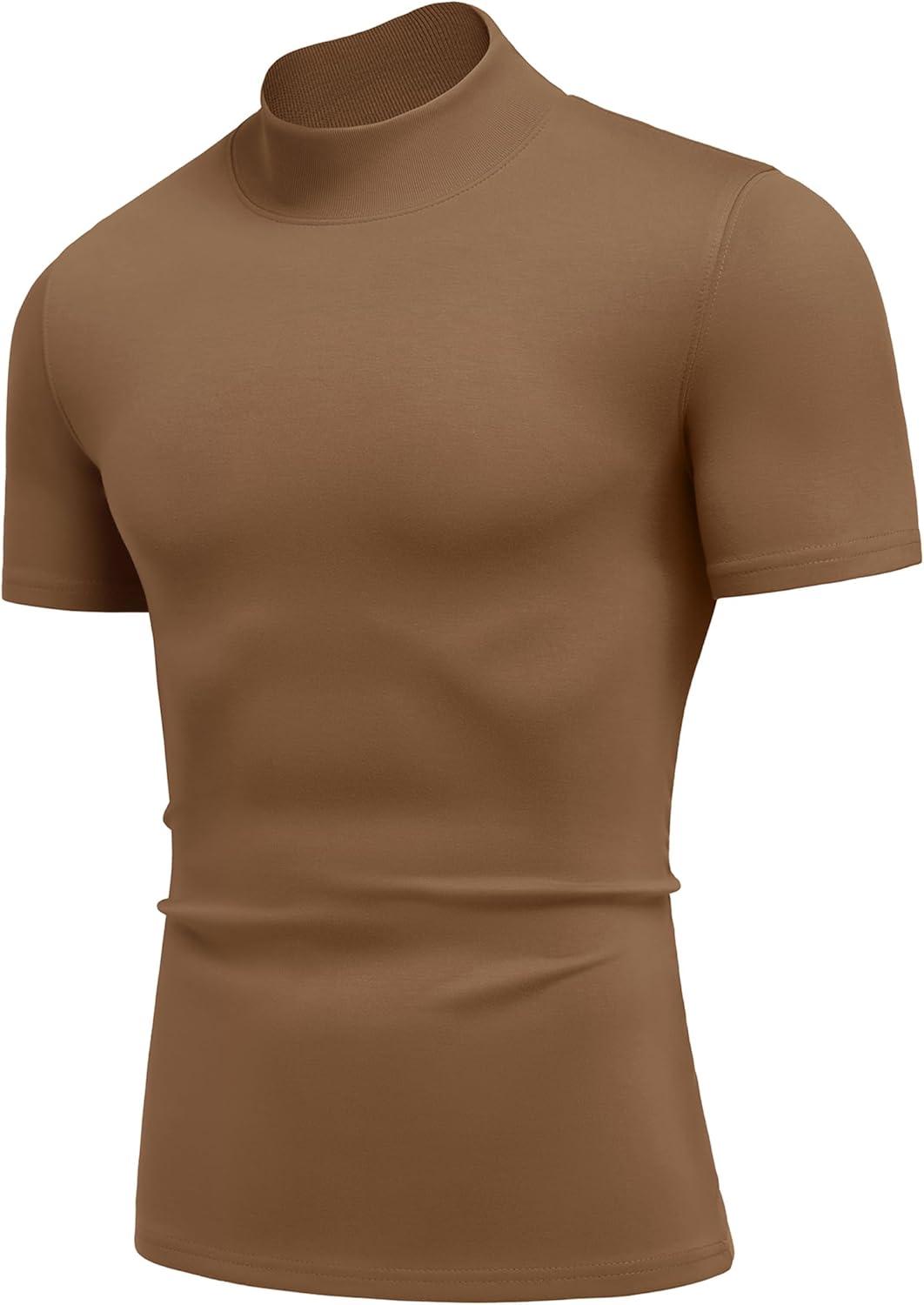 imageCOOFANDY Mens Mock Turtleneck Short Sleeve Casual Stretch SweaterBrown