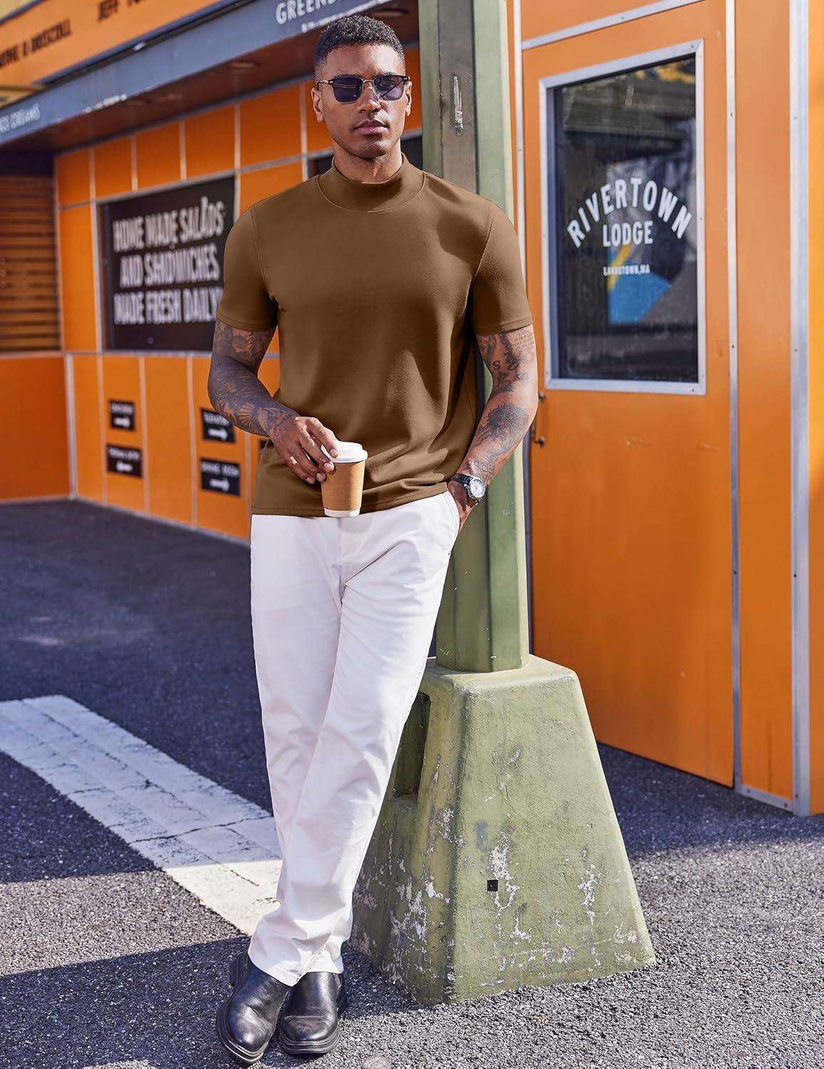 imageCOOFANDY Mens Mock Turtleneck Short Sleeve Casual Stretch SweaterBrown