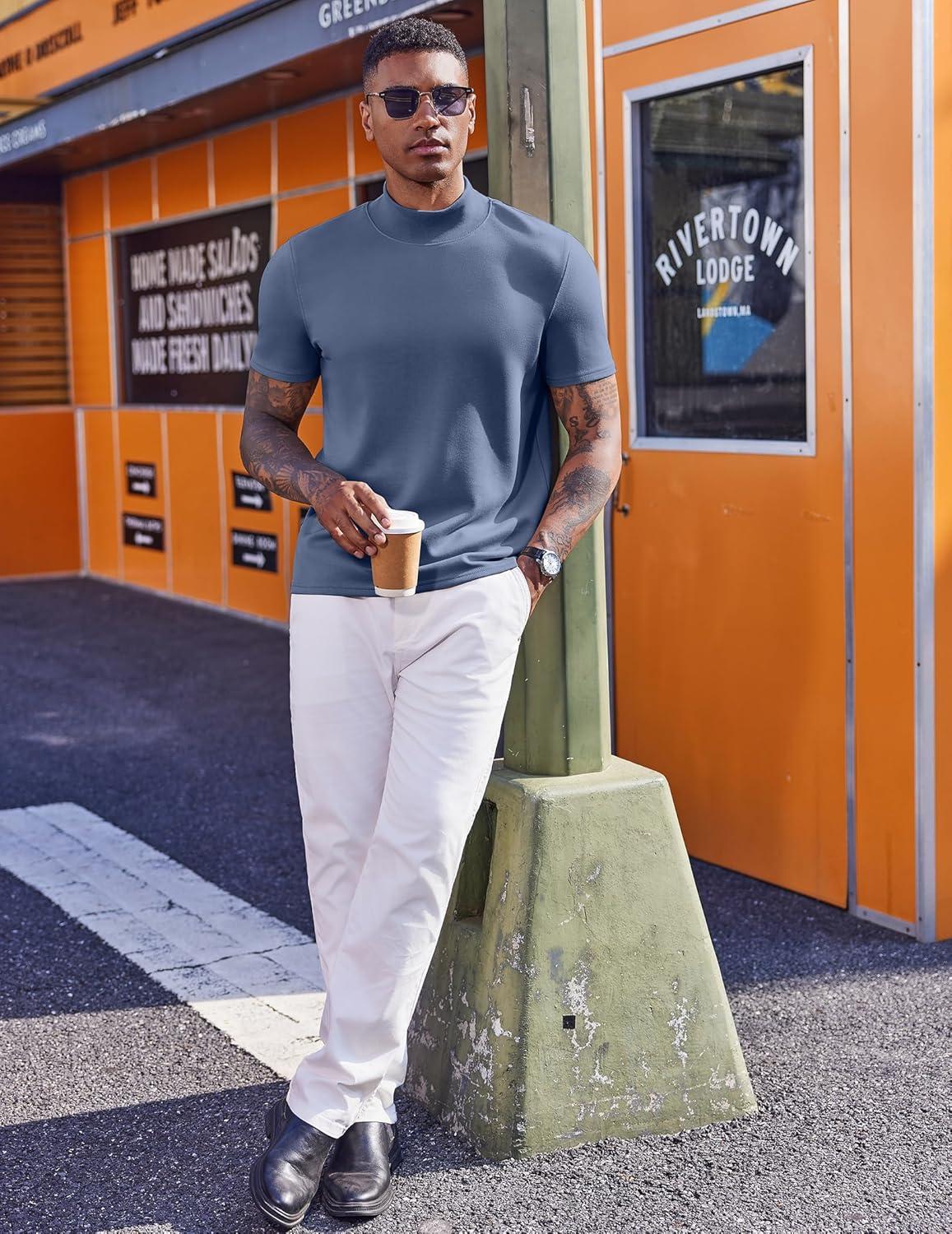 imageCOOFANDY Mens Mock Turtleneck Short Sleeve Casual Stretch SweaterDark Blue