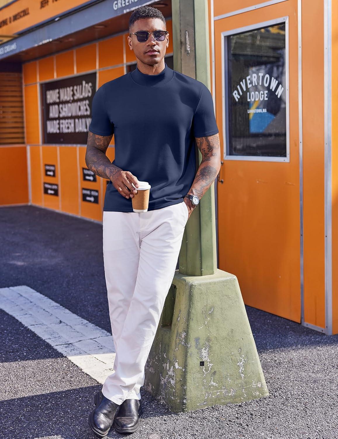 imageCOOFANDY Mens Mock Turtleneck Short Sleeve Casual Stretch SweaterNavy Blue