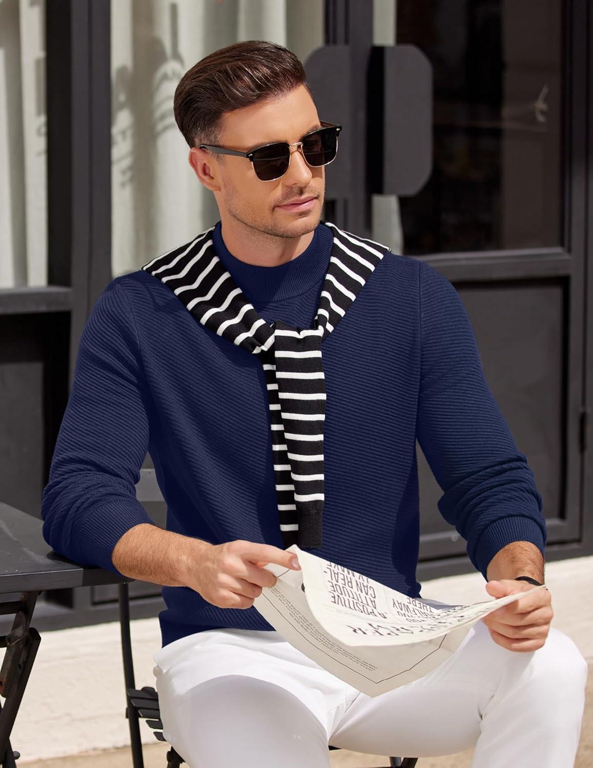 imageCOOFANDY Mens Mock Turtleneck Sweater Long Sleeve Knitted Slim Fit Casual Half Neck Pullover SweatersBlue Purple