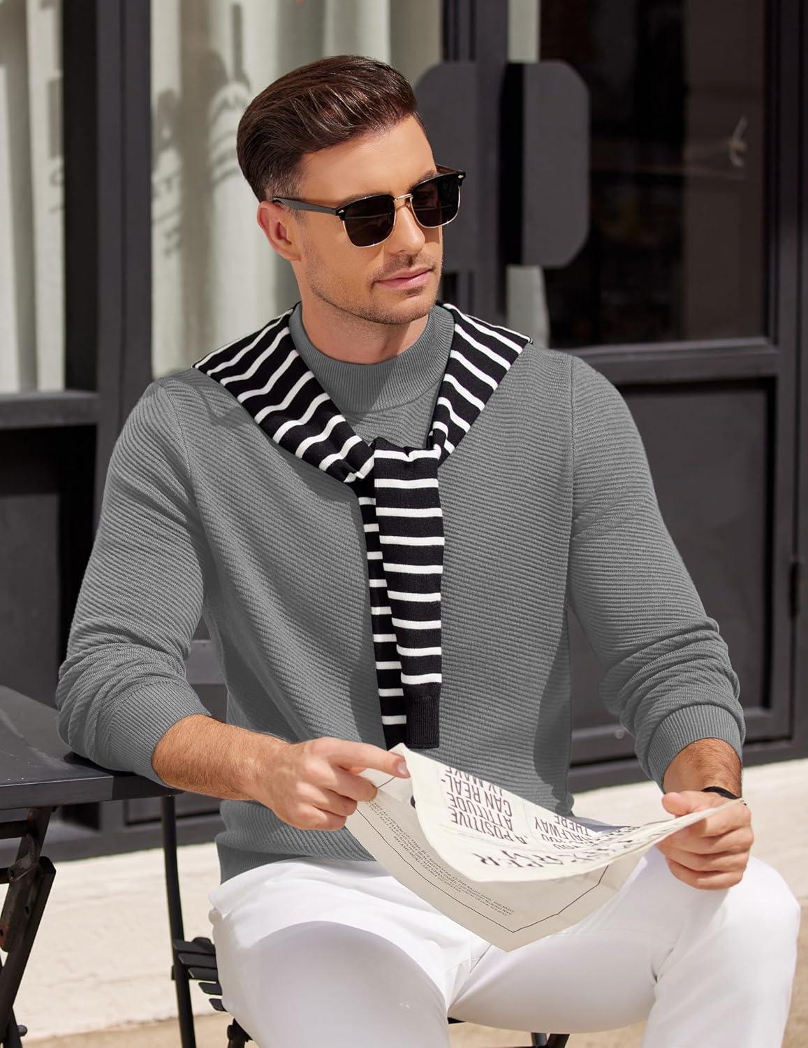 imageCOOFANDY Mens Mock Turtleneck Sweater Long Sleeve Knitted Slim Fit Casual Half Neck Pullover SweatersMiddle Grey