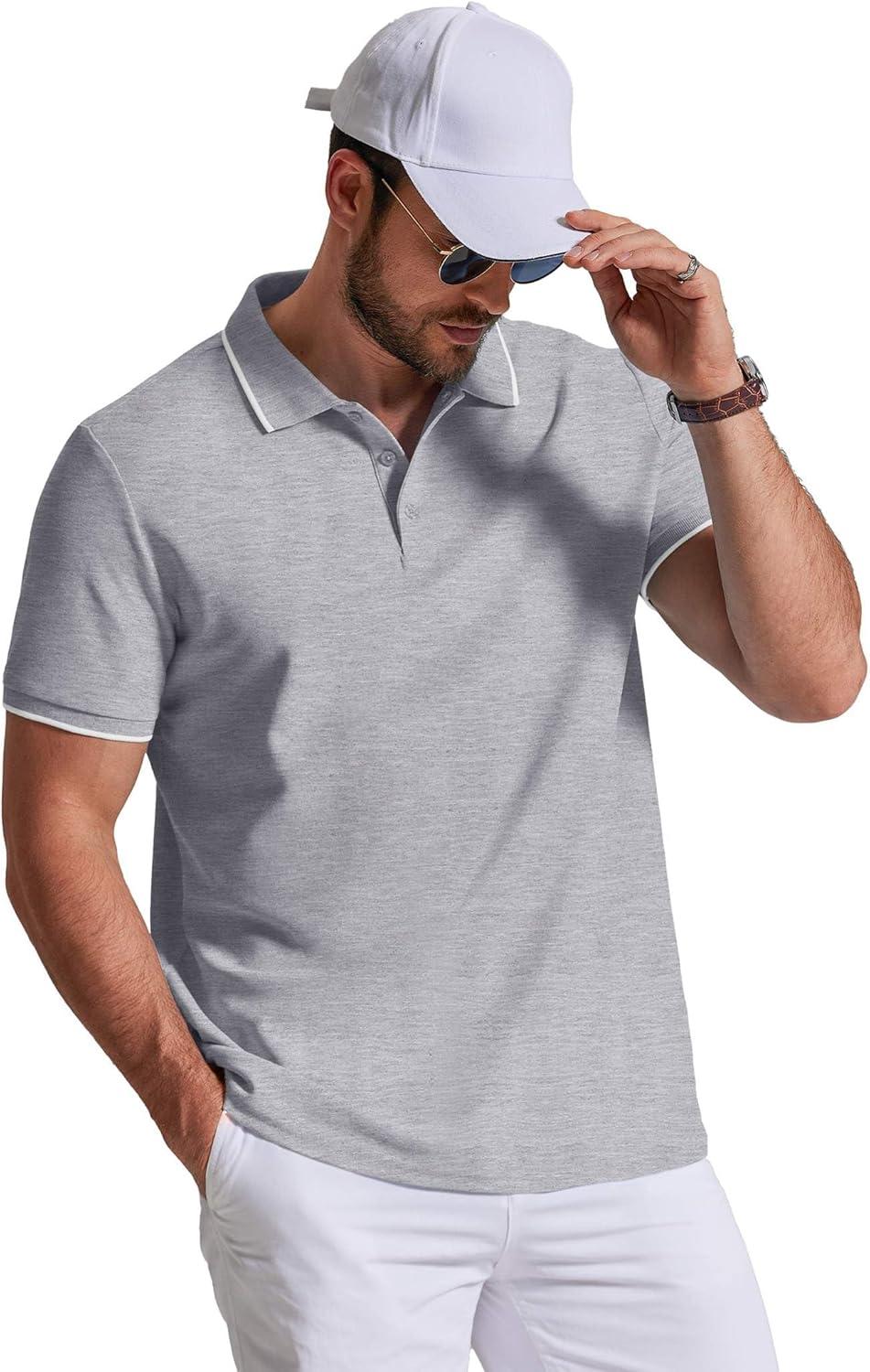 imageCOOFANDY Mens Polo Shirts Classic Short Sleeve Polo T Shirts Cotton Pique Casual Summer Fashion Golf ShirtLight Grey