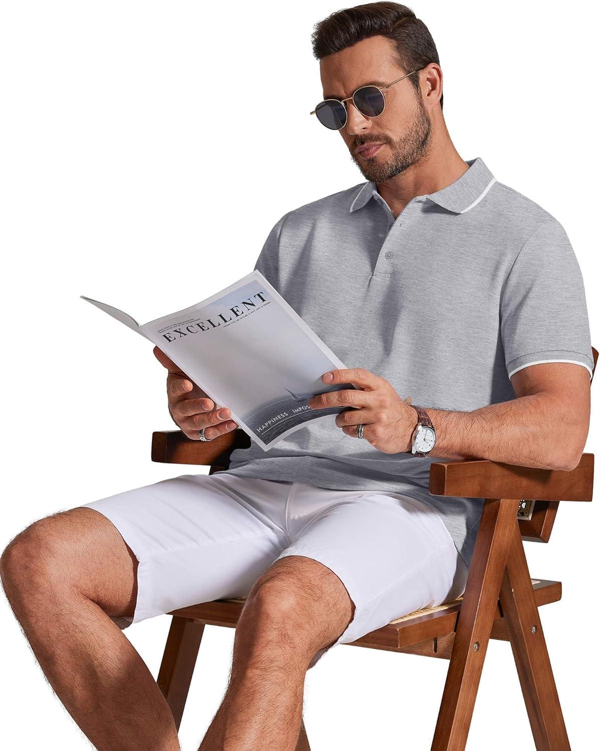 imageCOOFANDY Mens Polo Shirts Classic Short Sleeve Polo T Shirts Cotton Pique Casual Summer Fashion Golf ShirtLight Grey