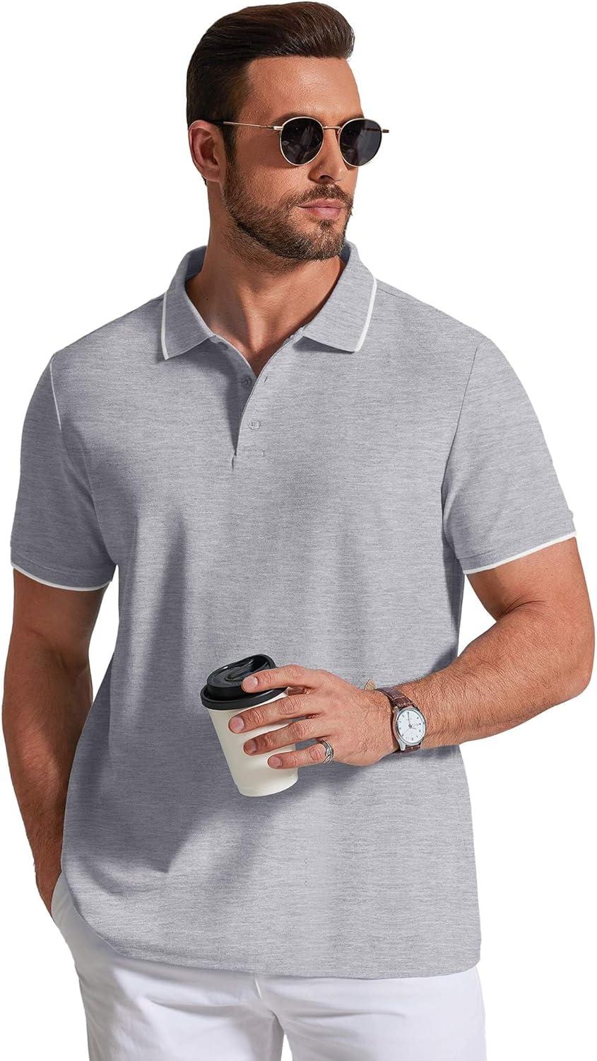 imageCOOFANDY Mens Polo Shirts Classic Short Sleeve Polo T Shirts Cotton Pique Casual Summer Fashion Golf ShirtLight Grey