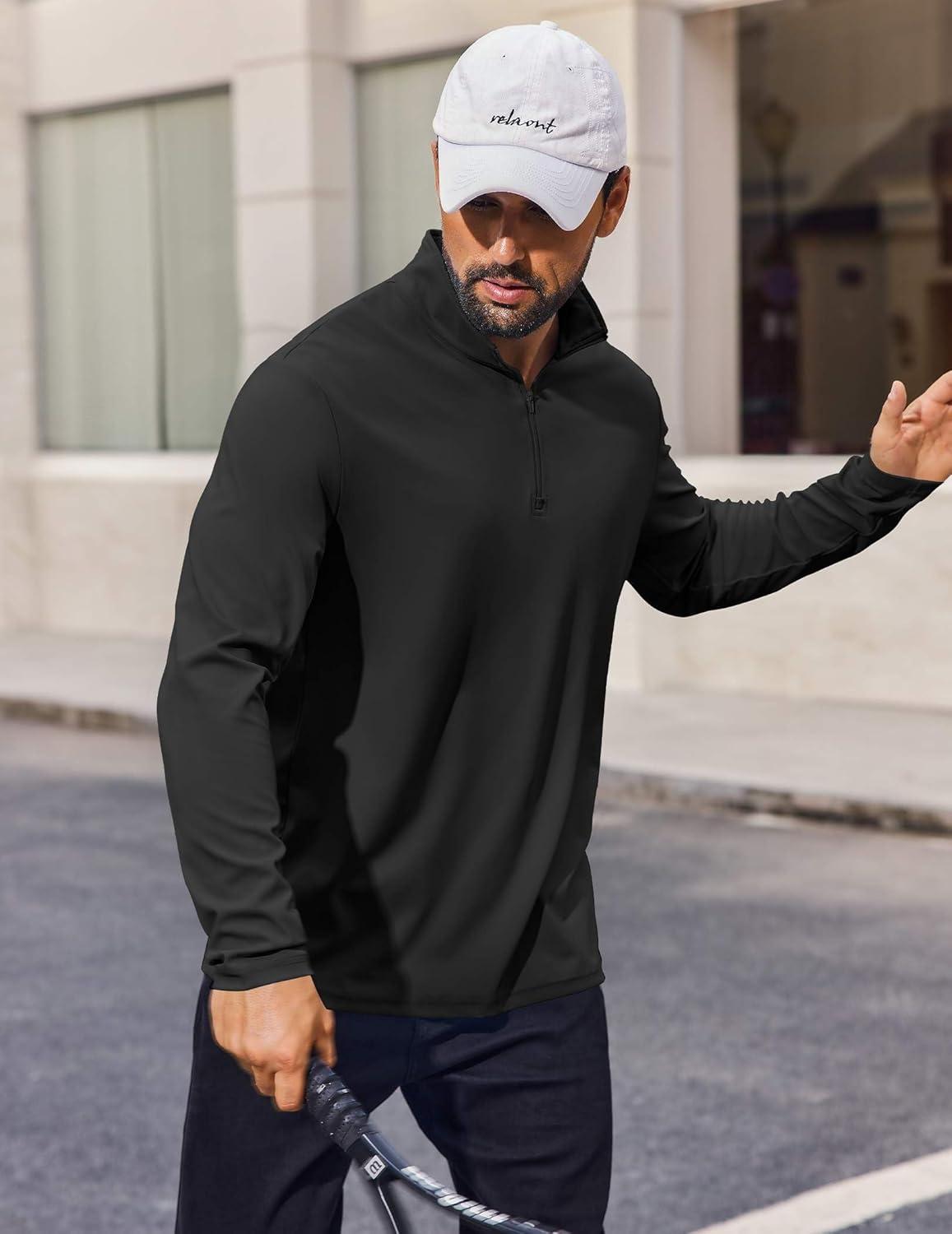imageCOOFANDY Mens Quarter Zip Pullover Athletic Shirt Long Sleeve Sun Protection Shirt Golf Zip Up Lightweight T Shirts for ManBlack