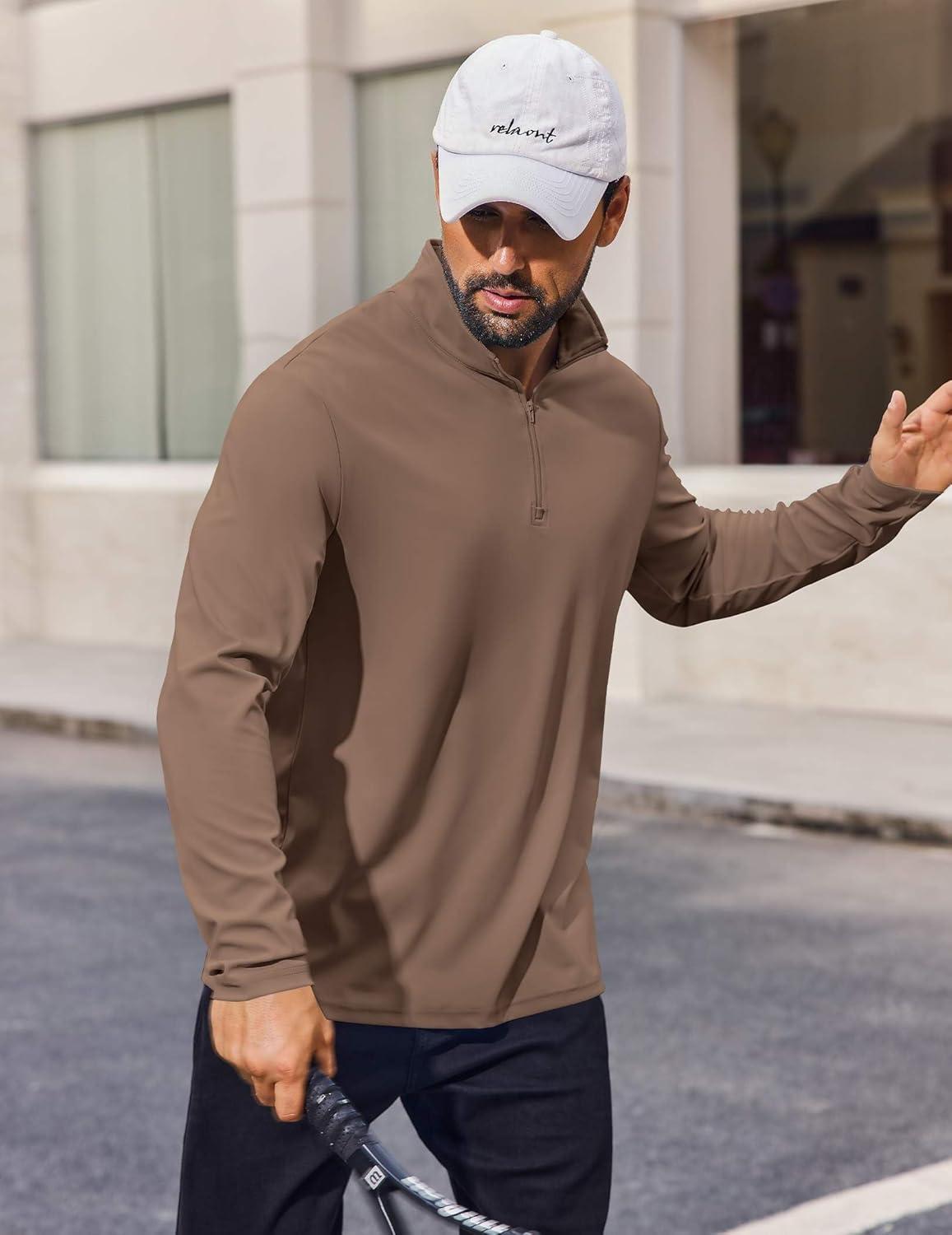 imageCOOFANDY Mens Quarter Zip Pullover Athletic Shirt Long Sleeve Sun Protection Shirt Golf Zip Up Lightweight T Shirts for ManBrown