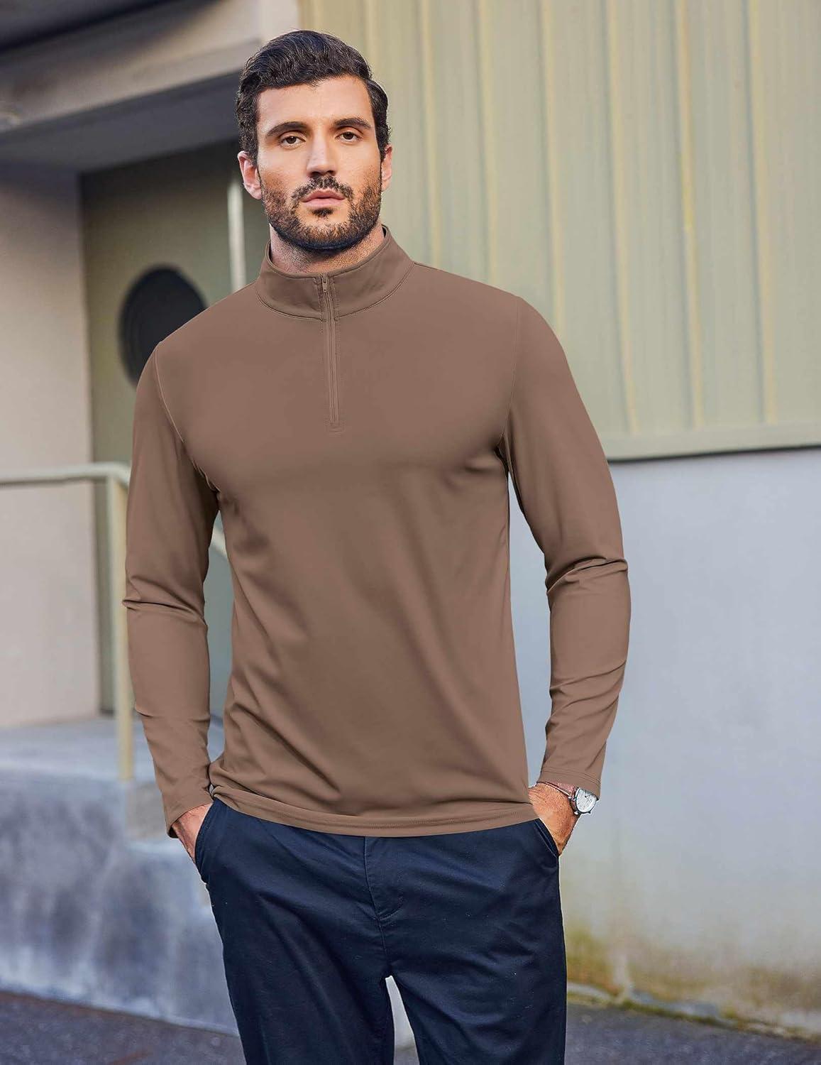 imageCOOFANDY Mens Quarter Zip Pullover Athletic Shirt Long Sleeve Sun Protection Shirt Golf Zip Up Lightweight T Shirts for ManBrown