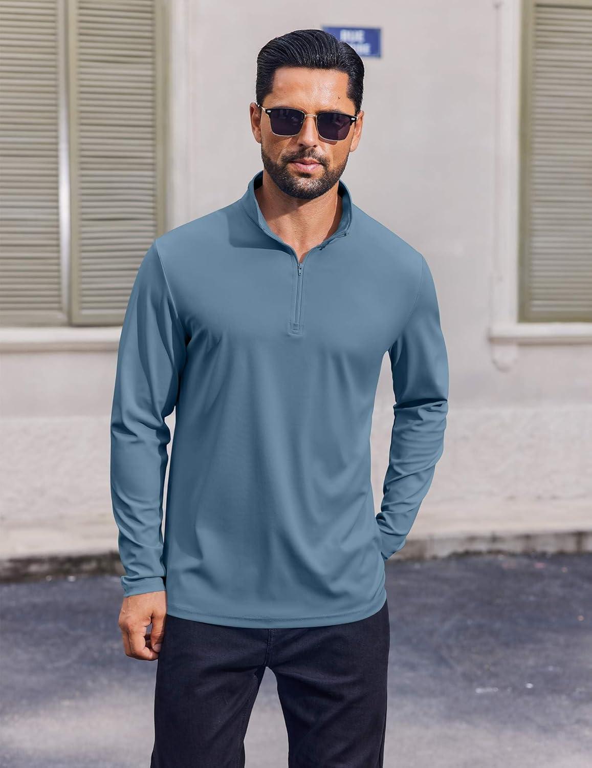 imageCOOFANDY Mens Quarter Zip Pullover Athletic Shirt Long Sleeve Sun Protection Shirt Golf Zip Up Lightweight T Shirts for ManDeep Blue