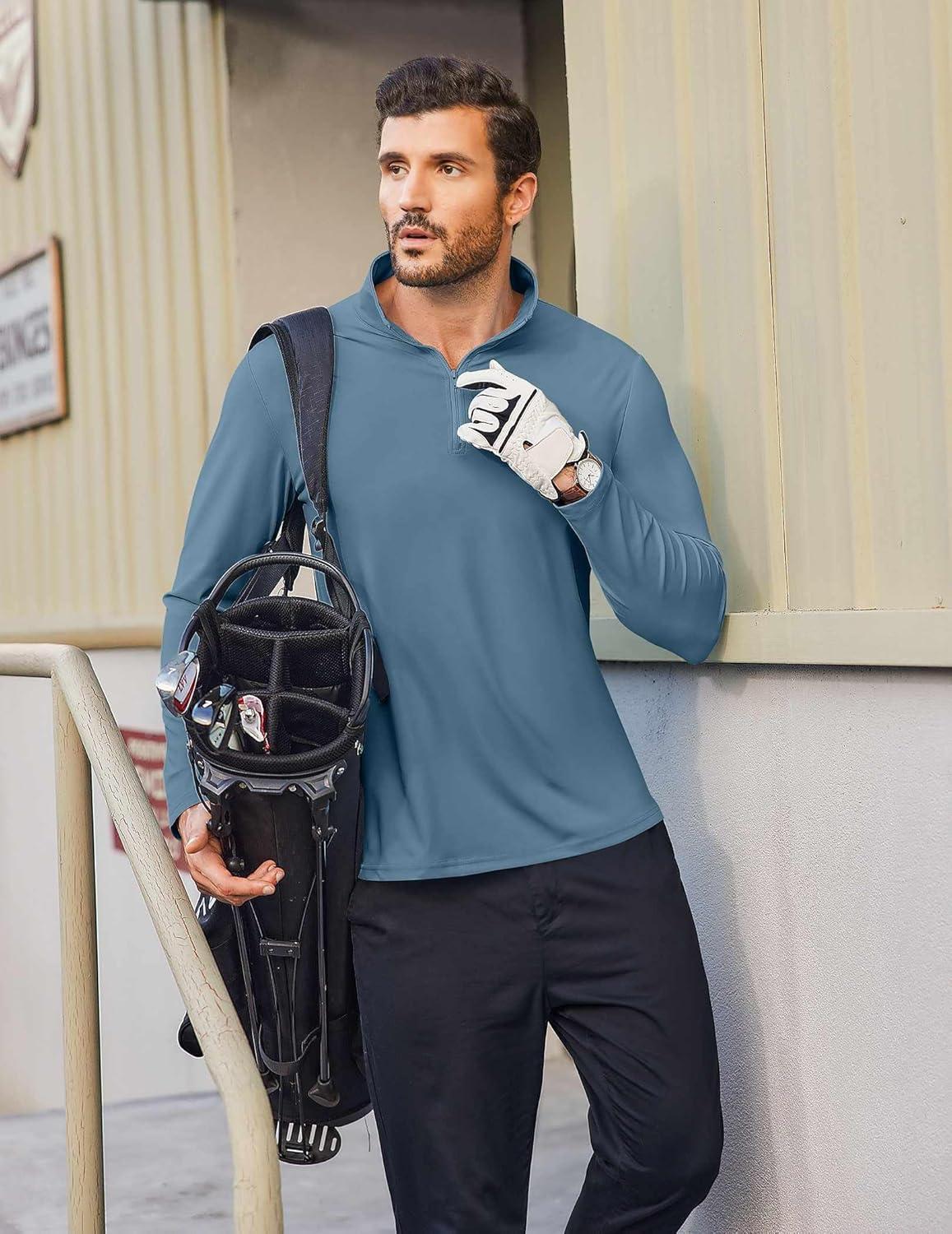 imageCOOFANDY Mens Quarter Zip Pullover Athletic Shirt Long Sleeve Sun Protection Shirt Golf Zip Up Lightweight T Shirts for ManDeep Blue