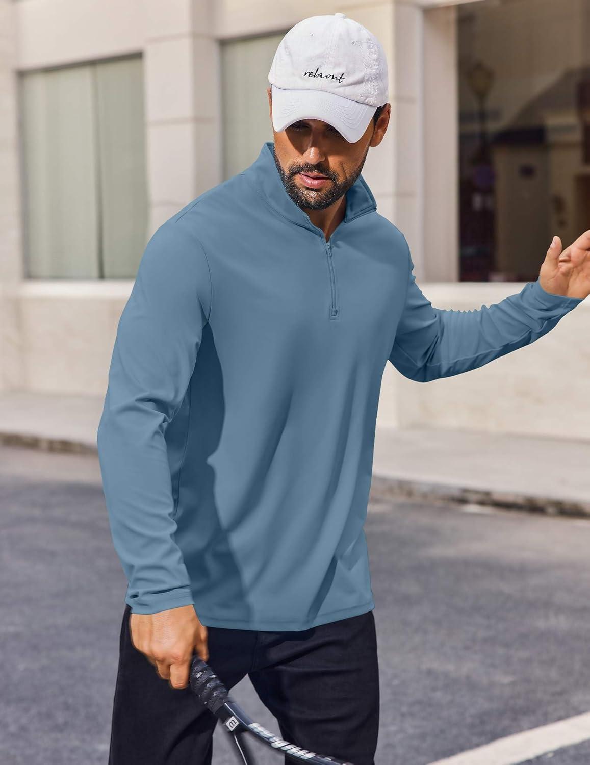 imageCOOFANDY Mens Quarter Zip Pullover Athletic Shirt Long Sleeve Sun Protection Shirt Golf Zip Up Lightweight T Shirts for ManDeep Blue