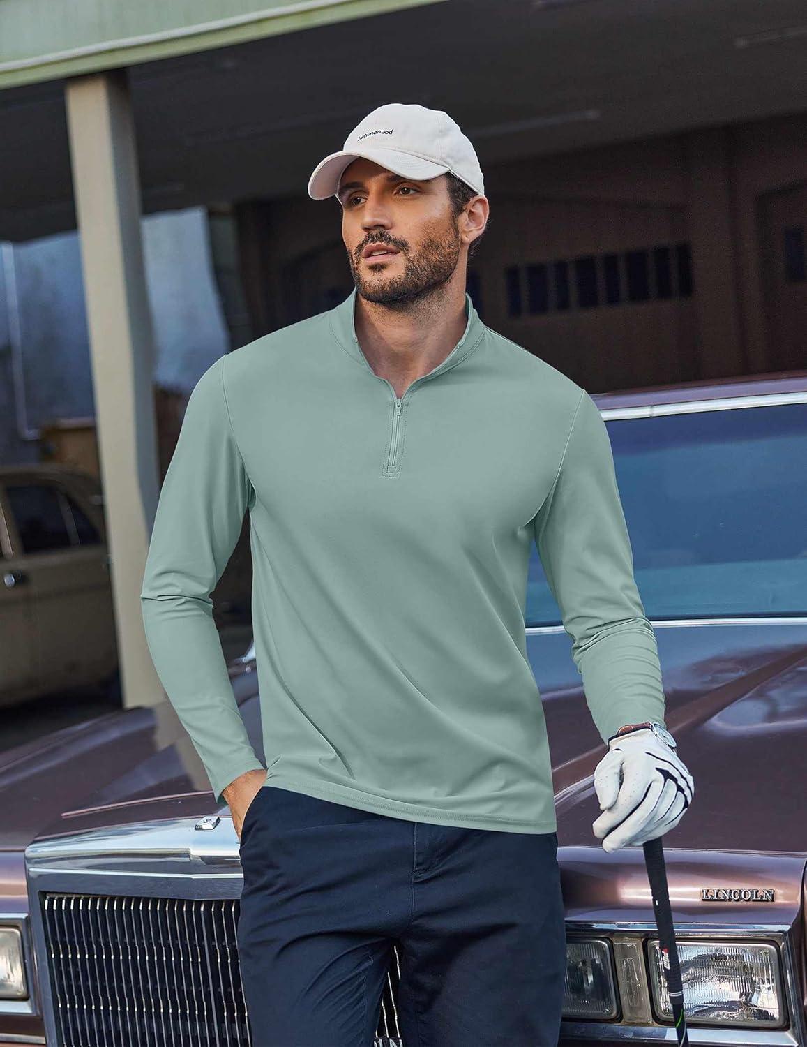 imageCOOFANDY Mens Quarter Zip Pullover Athletic Shirt Long Sleeve Sun Protection Shirt Golf Zip Up Lightweight T Shirts for ManGreen