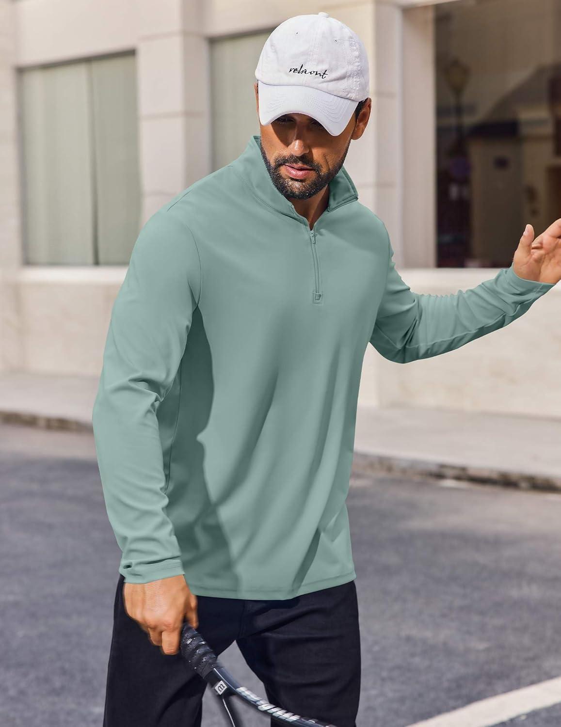 imageCOOFANDY Mens Quarter Zip Pullover Athletic Shirt Long Sleeve Sun Protection Shirt Golf Zip Up Lightweight T Shirts for ManGreen