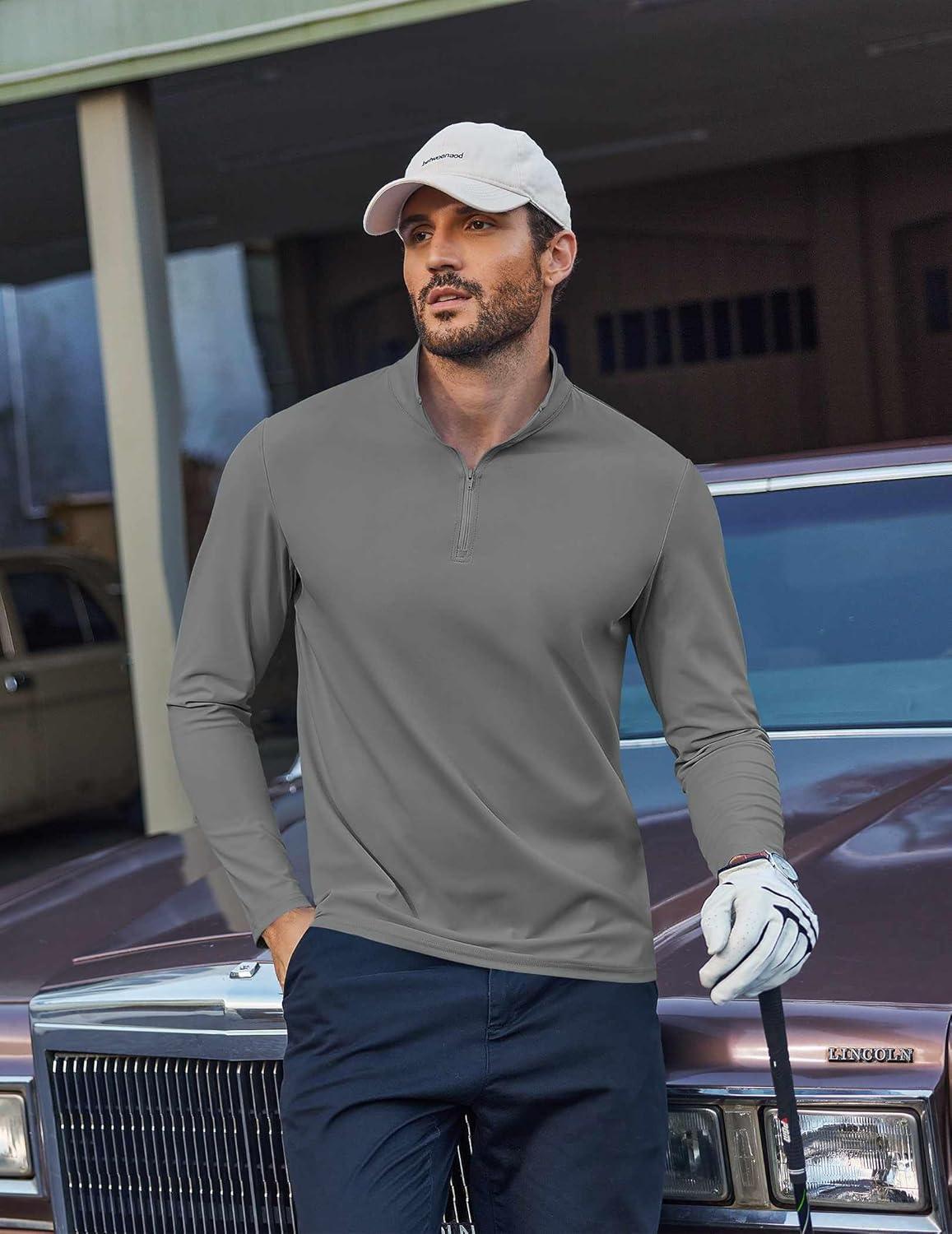 imageCOOFANDY Mens Quarter Zip Pullover Athletic Shirt Long Sleeve Sun Protection Shirt Golf Zip Up Lightweight T Shirts for ManGrey