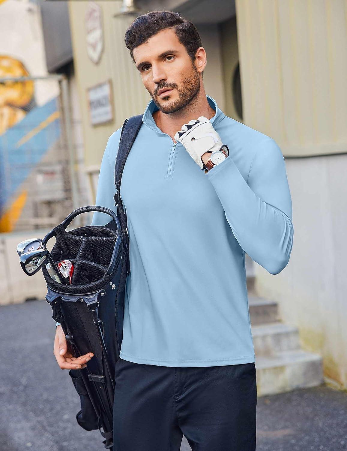 imageCOOFANDY Mens Quarter Zip Pullover Athletic Shirt Long Sleeve Sun Protection Shirt Golf Zip Up Lightweight T Shirts for ManLight Blue