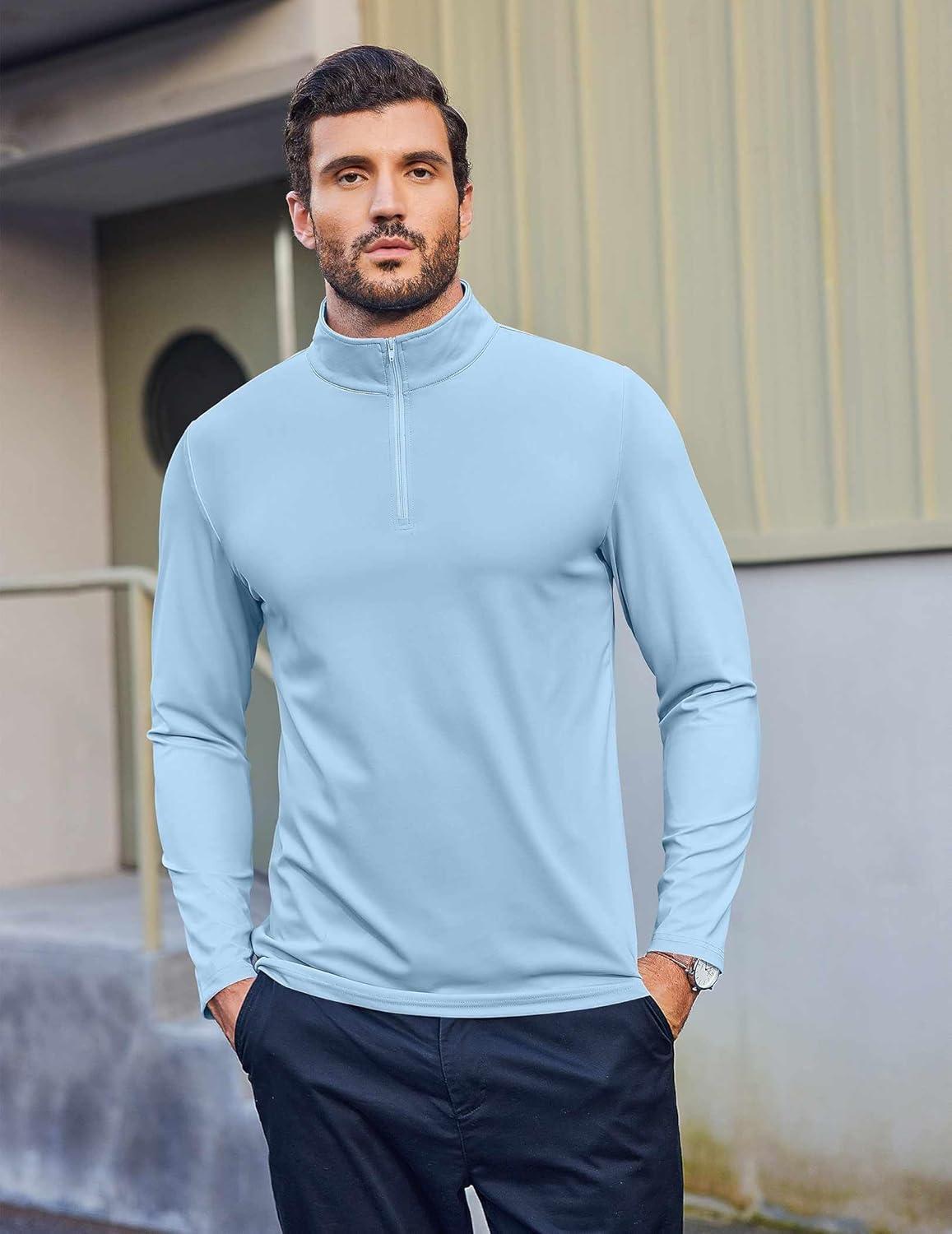 imageCOOFANDY Mens Quarter Zip Pullover Athletic Shirt Long Sleeve Sun Protection Shirt Golf Zip Up Lightweight T Shirts for ManLight Blue