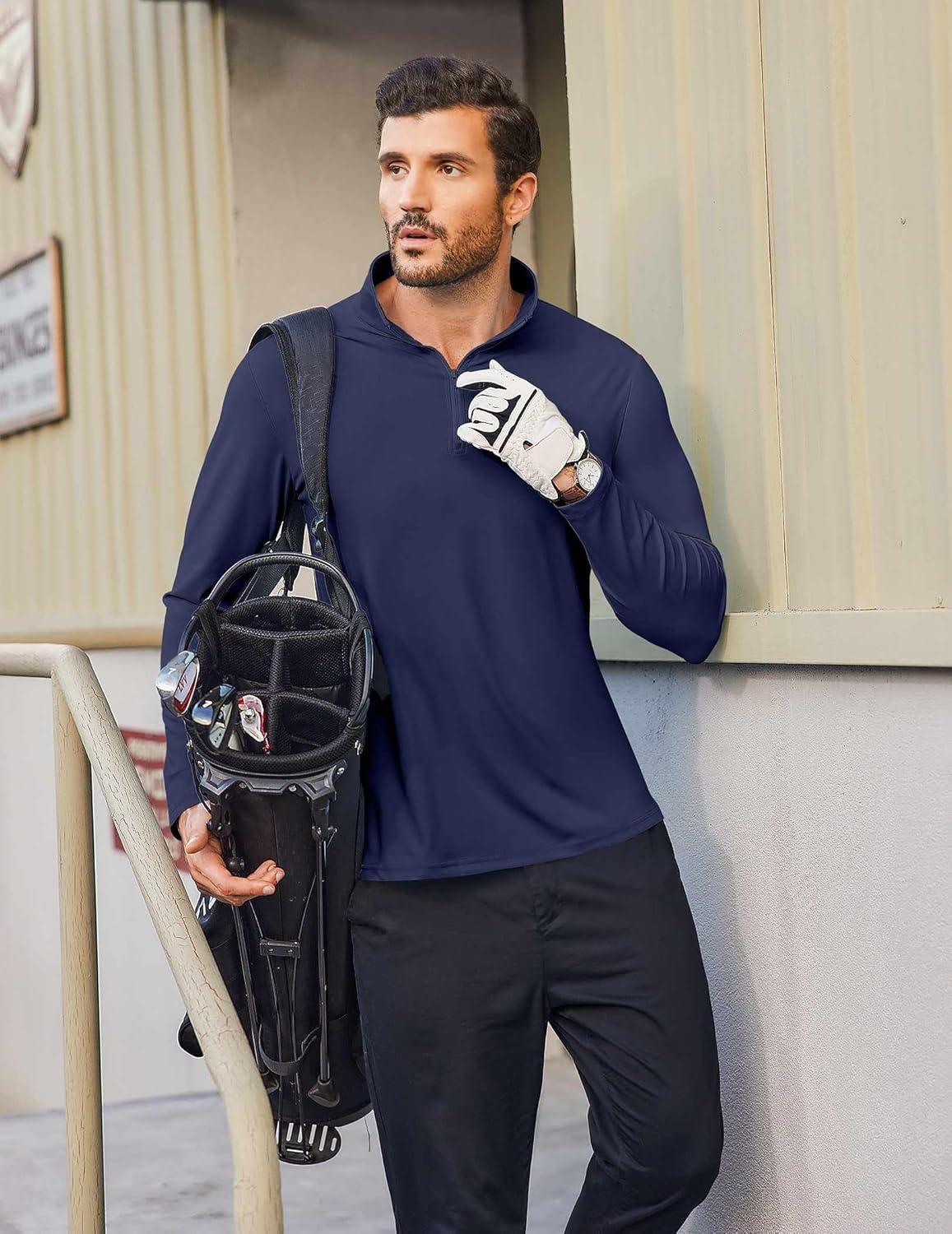 imageCOOFANDY Mens Quarter Zip Pullover Athletic Shirt Long Sleeve Sun Protection Shirt Golf Zip Up Lightweight T Shirts for ManNavy Blue