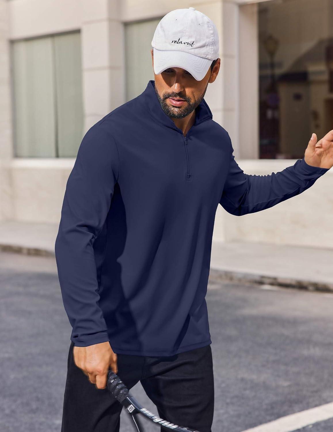 imageCOOFANDY Mens Quarter Zip Pullover Athletic Shirt Long Sleeve Sun Protection Shirt Golf Zip Up Lightweight T Shirts for ManNavy Blue