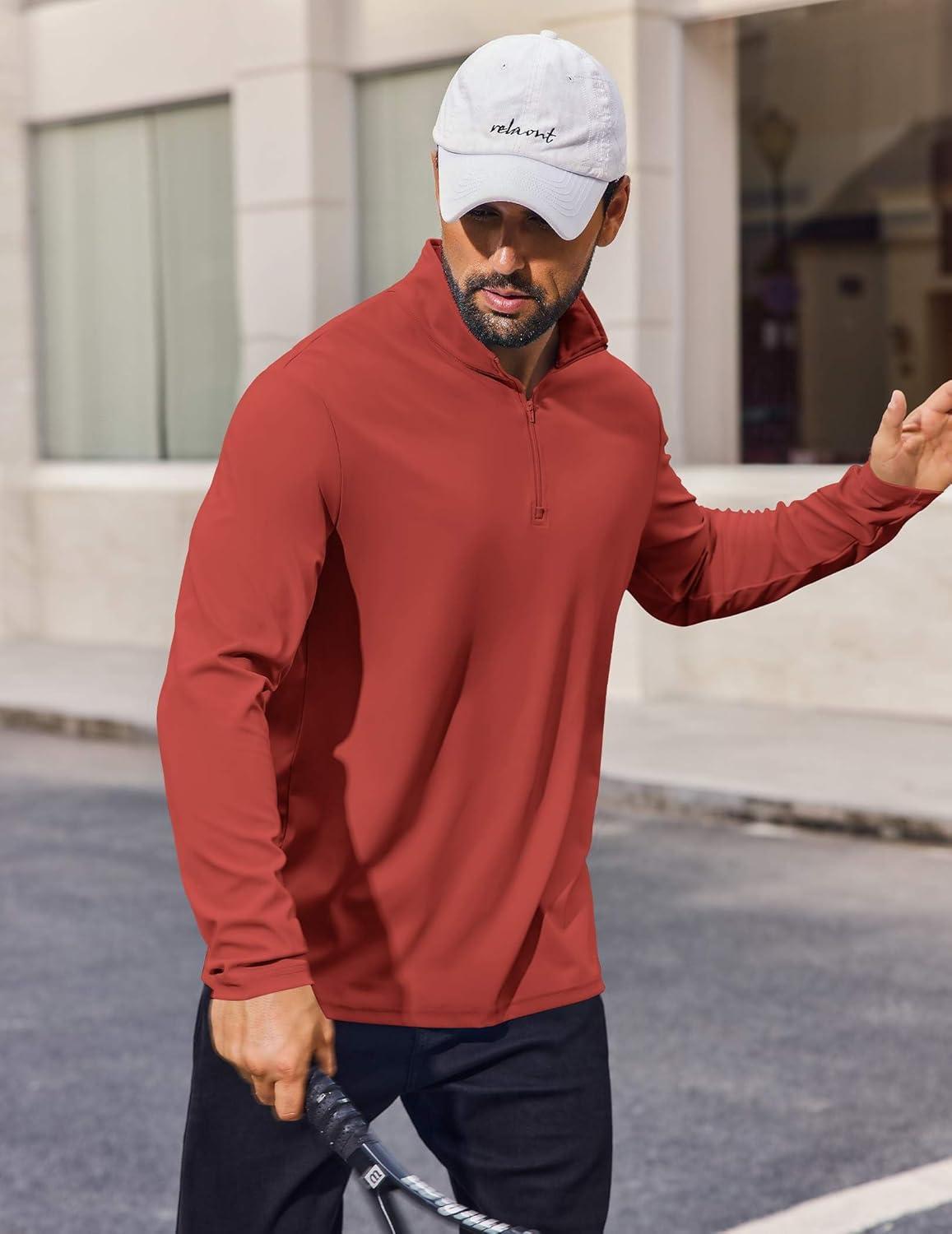 imageCOOFANDY Mens Quarter Zip Pullover Athletic Shirt Long Sleeve Sun Protection Shirt Golf Zip Up Lightweight T Shirts for ManRed