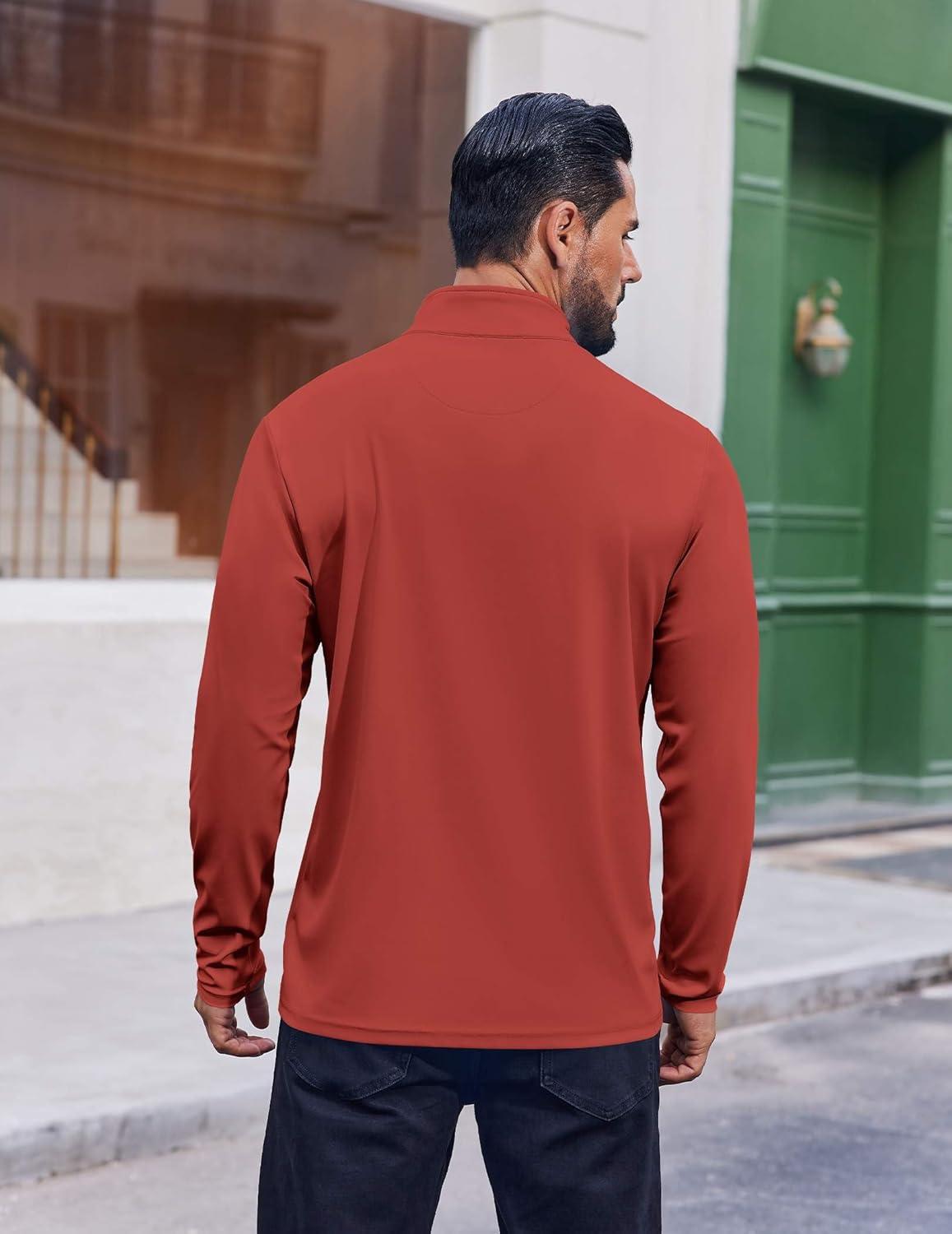 imageCOOFANDY Mens Quarter Zip Pullover Athletic Shirt Long Sleeve Sun Protection Shirt Golf Zip Up Lightweight T Shirts for ManRed