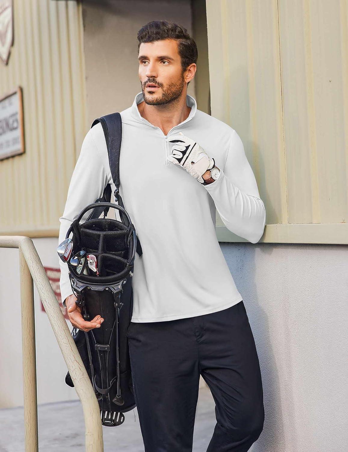 imageCOOFANDY Mens Quarter Zip Pullover Athletic Shirt Long Sleeve Sun Protection Shirt Golf Zip Up Lightweight T Shirts for ManWhite