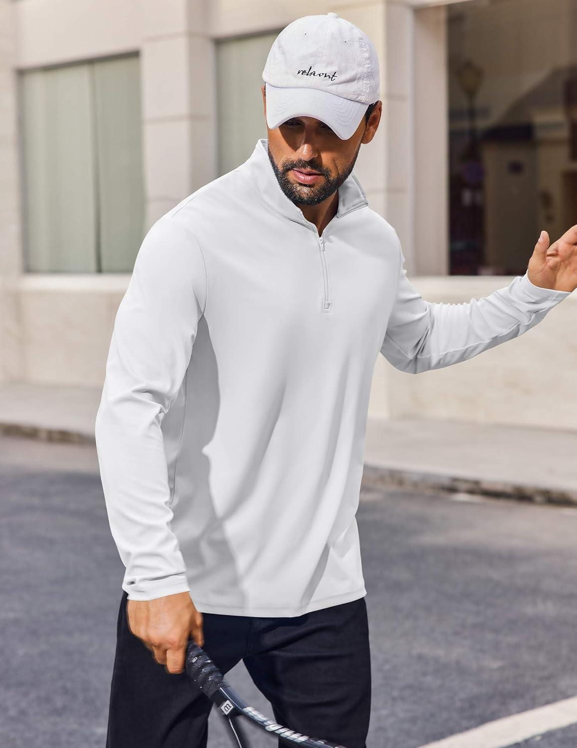 imageCOOFANDY Mens Quarter Zip Pullover Athletic Shirt Long Sleeve Sun Protection Shirt Golf Zip Up Lightweight T Shirts for ManWhite