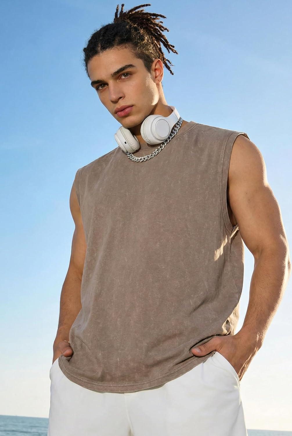 imageCOOFANDY Mens Sleeveless Shirts Cotton Workout Tank Tops Muscle Cut Off Shirt Summer Beach Casual Oversized Washed TeeKhaki