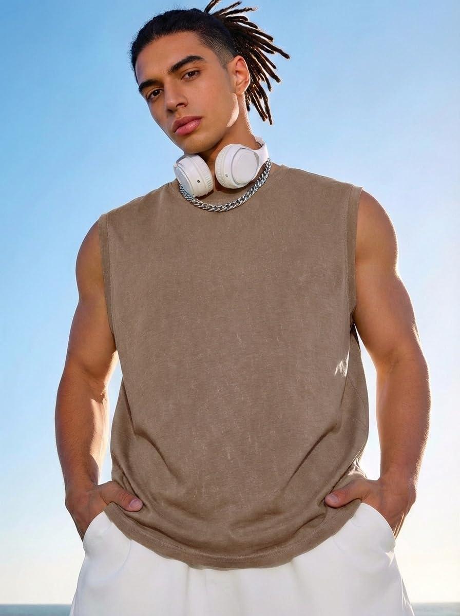 imageCOOFANDY Mens Sleeveless Shirts Cotton Workout Tank Tops Muscle Cut Off Shirt Summer Beach Casual Oversized Washed TeeKhaki