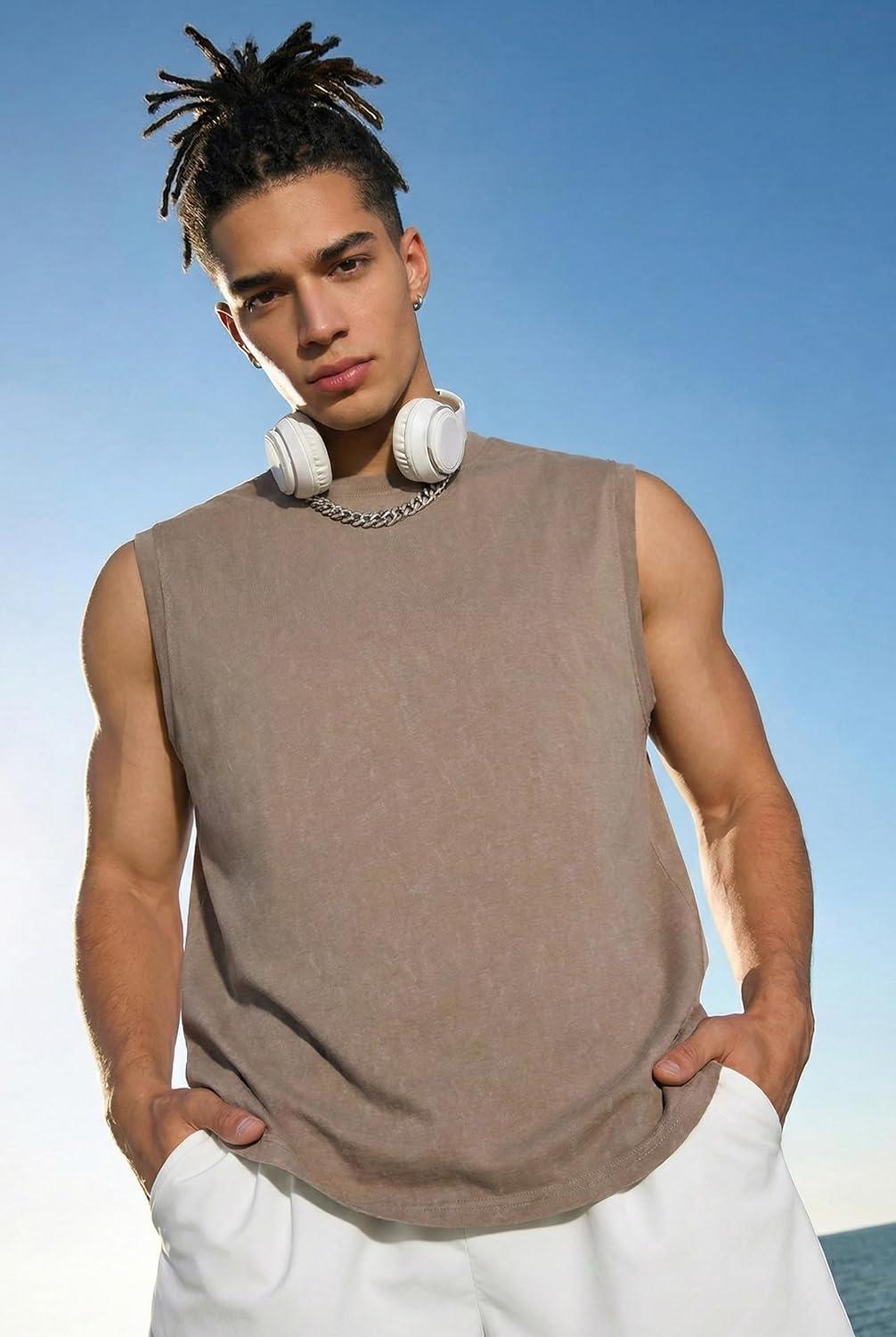 imageCOOFANDY Mens Sleeveless Shirts Cotton Workout Tank Tops Muscle Cut Off Shirt Summer Beach Casual Oversized Washed TeeKhaki