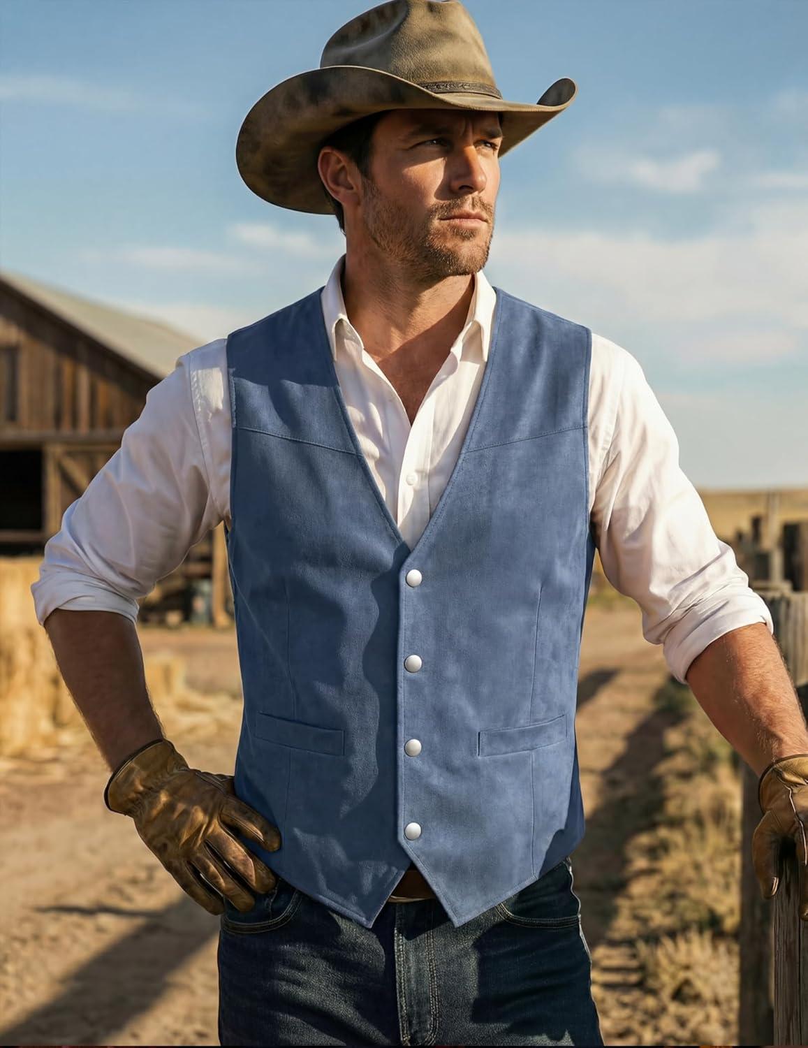 imageCOOFANDY Mens Suede Leather Vest Cowboy Western Waistcoat Casual Slim Fit Suit VestNavy Blue