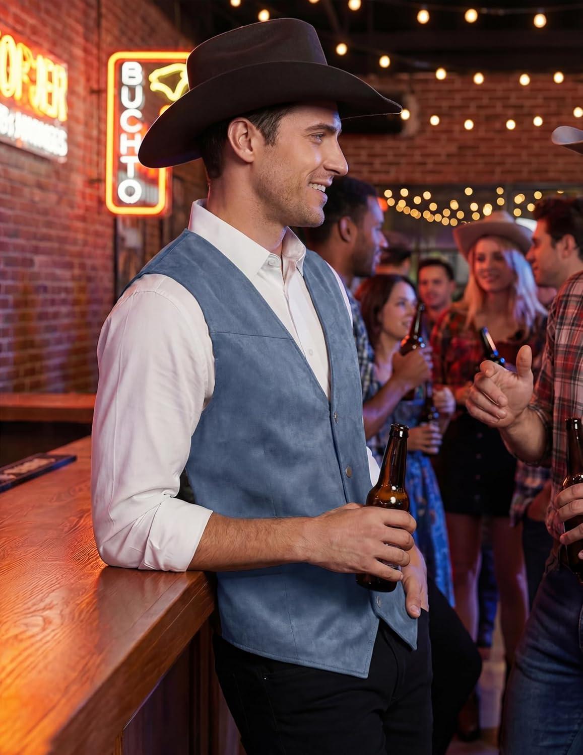 imageCOOFANDY Mens Suede Leather Vest Cowboy Western Waistcoat Casual Slim Fit Suit VestNavy Blue