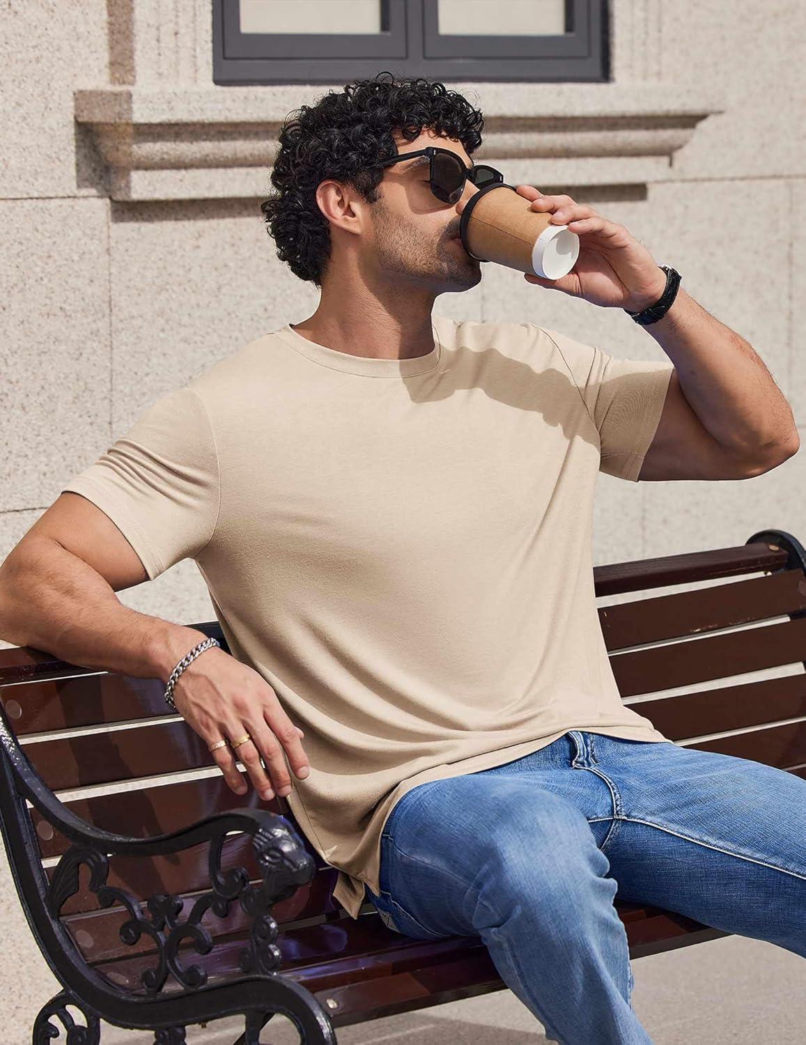 imageCOOFANDY Mens TShirts Short Sleeve Crew Neck T Shirts Casual Classic Basic Tee ShirtsLight Khaki