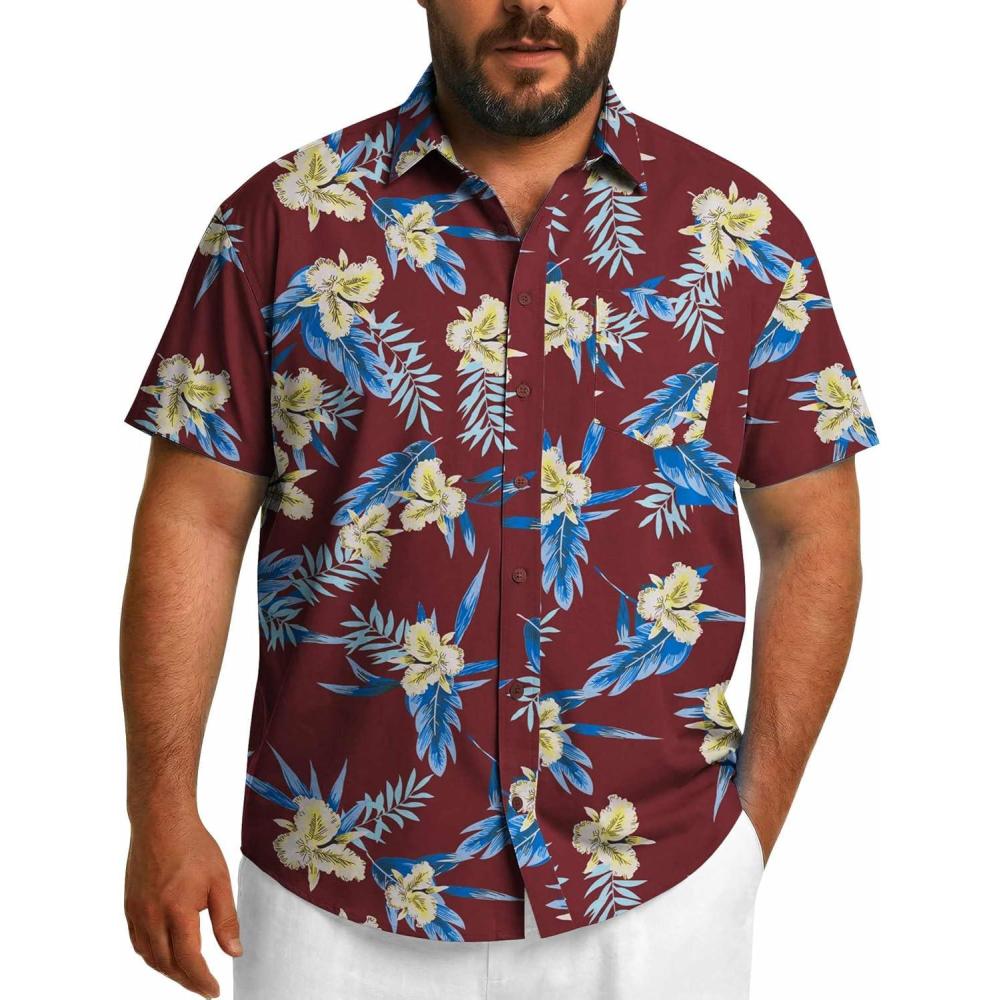 imageCOOFANDY Big and Tall Mens Hawaiian Shirts Short Sleeve Tropical Floral Button Down Shirt Casual Summer Beach ShirtsRedtropical Floral