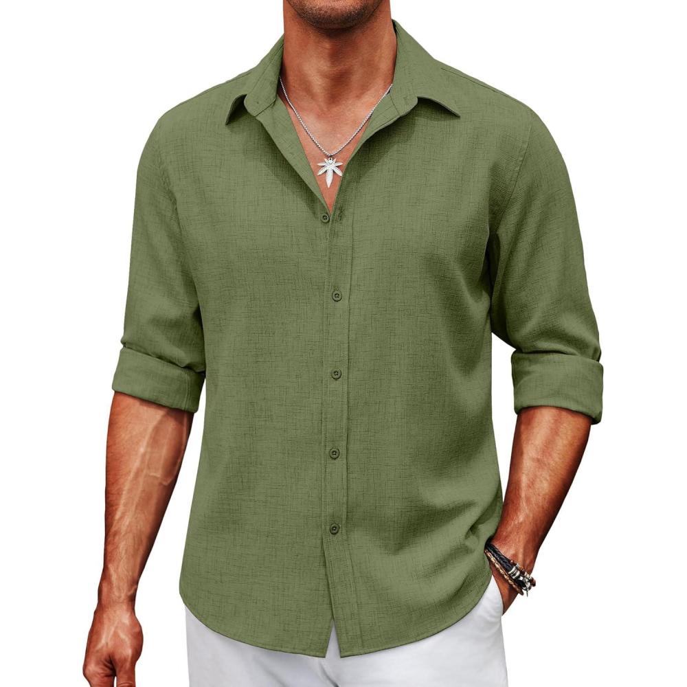 imageCOOFANDY Mens Button Down Shirt Long Sleeve Untucked Shirts Regular Fit Casual Dress ShirtsChive