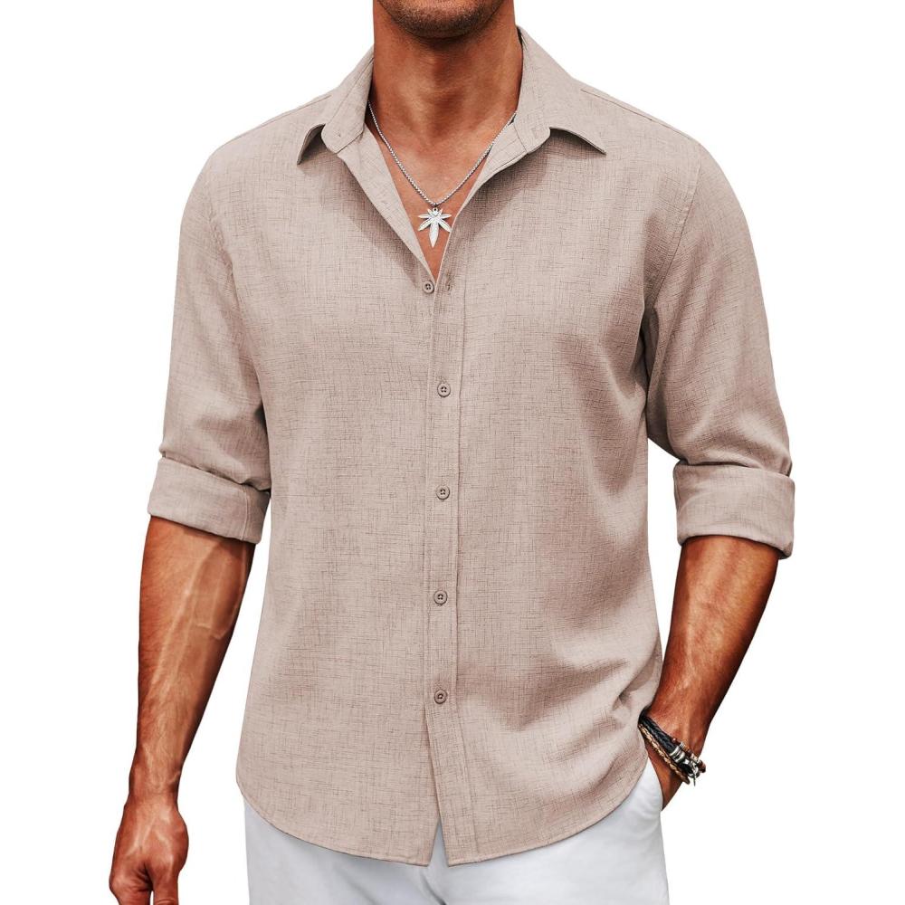 imageCOOFANDY Mens Button Down Shirt Long Sleeve Untucked Shirts Regular Fit Casual Dress ShirtsSesame