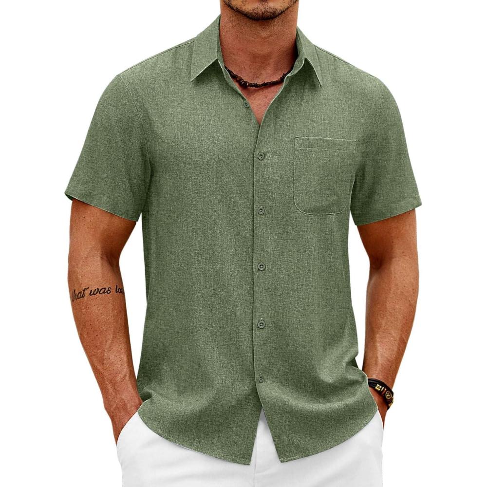 imageCOOFANDY Mens Button Down Shirt Short Sleeve Casual Shirts Summer Beach Wedding Linen Shirt with PocketArmy Green