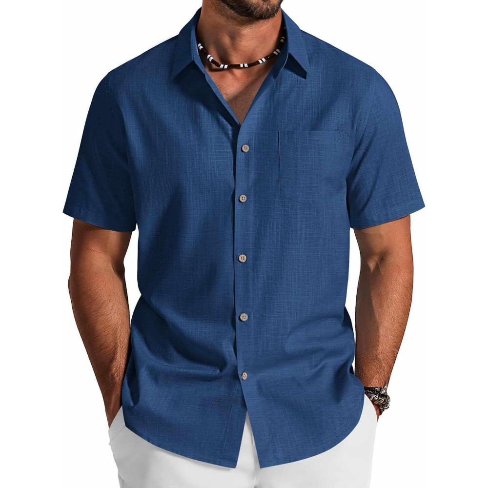 imageCOOFANDY Mens Button Down Shirt Short Sleeve Cotton Casual Summer Shirts Textured Beach Vacation Shirts for MenDenim Blue