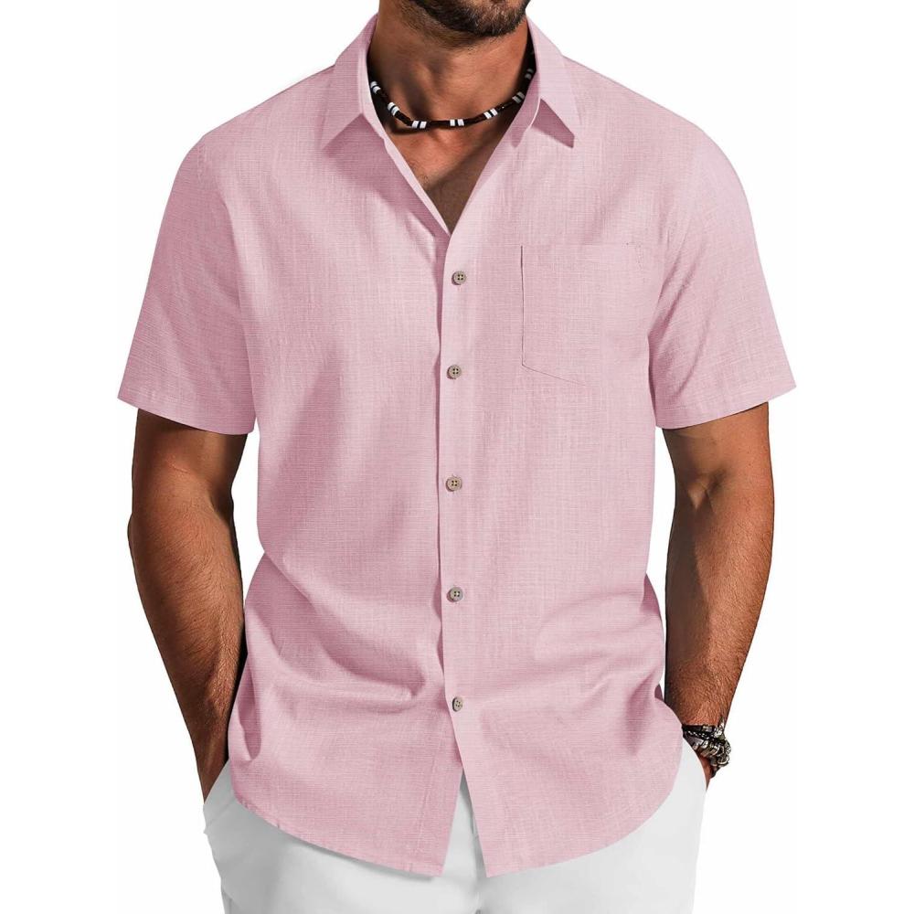 imageCOOFANDY Mens Button Down Shirt Short Sleeve Cotton Casual Summer Shirts Textured Beach Vacation Shirts for MenIcy Pink