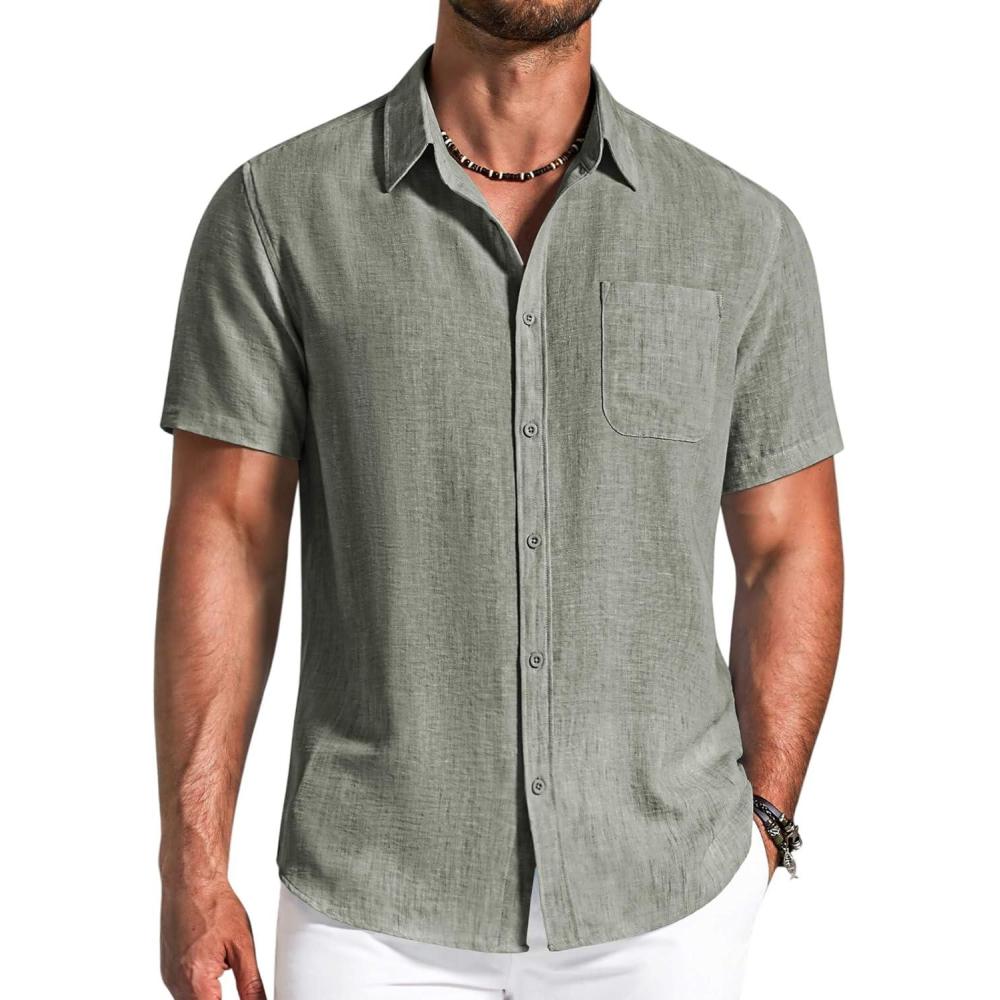 imageCOOFANDY Mens Button Down Shirts Short Sleeve Casual Shirt Summer Beach Textured ShirtsArmy Green
