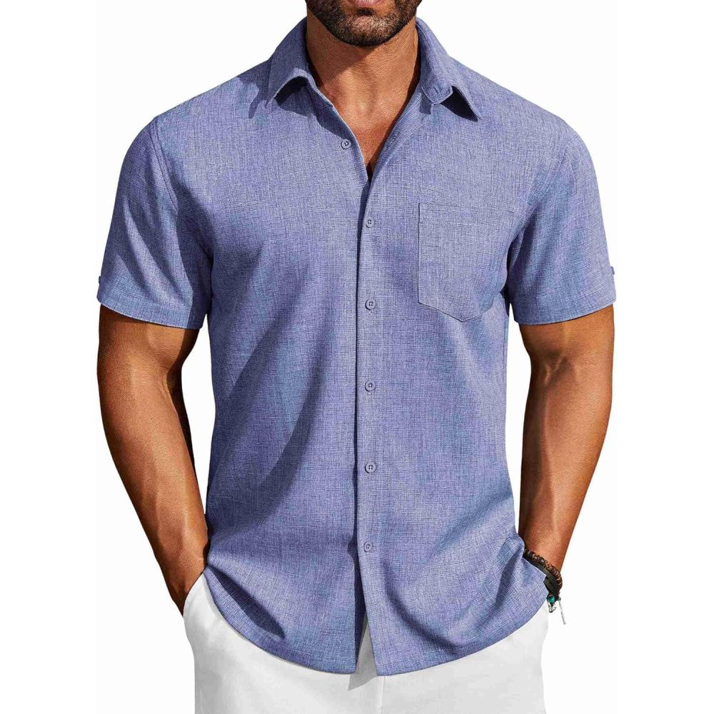 imageCOOFANDY Mens Button Down Shirts Short Sleeve Casual Shirts Summer Beach Linen Shirts with PocketGrey Blue
