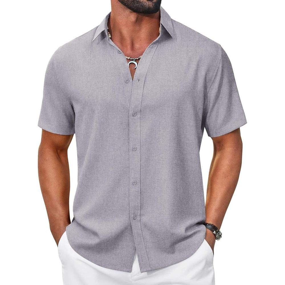 imageCOOFANDY Mens Casual Button Down Shirt Short Sleeve Summer Shirt for Beach Vacation Resort WearLight Gray