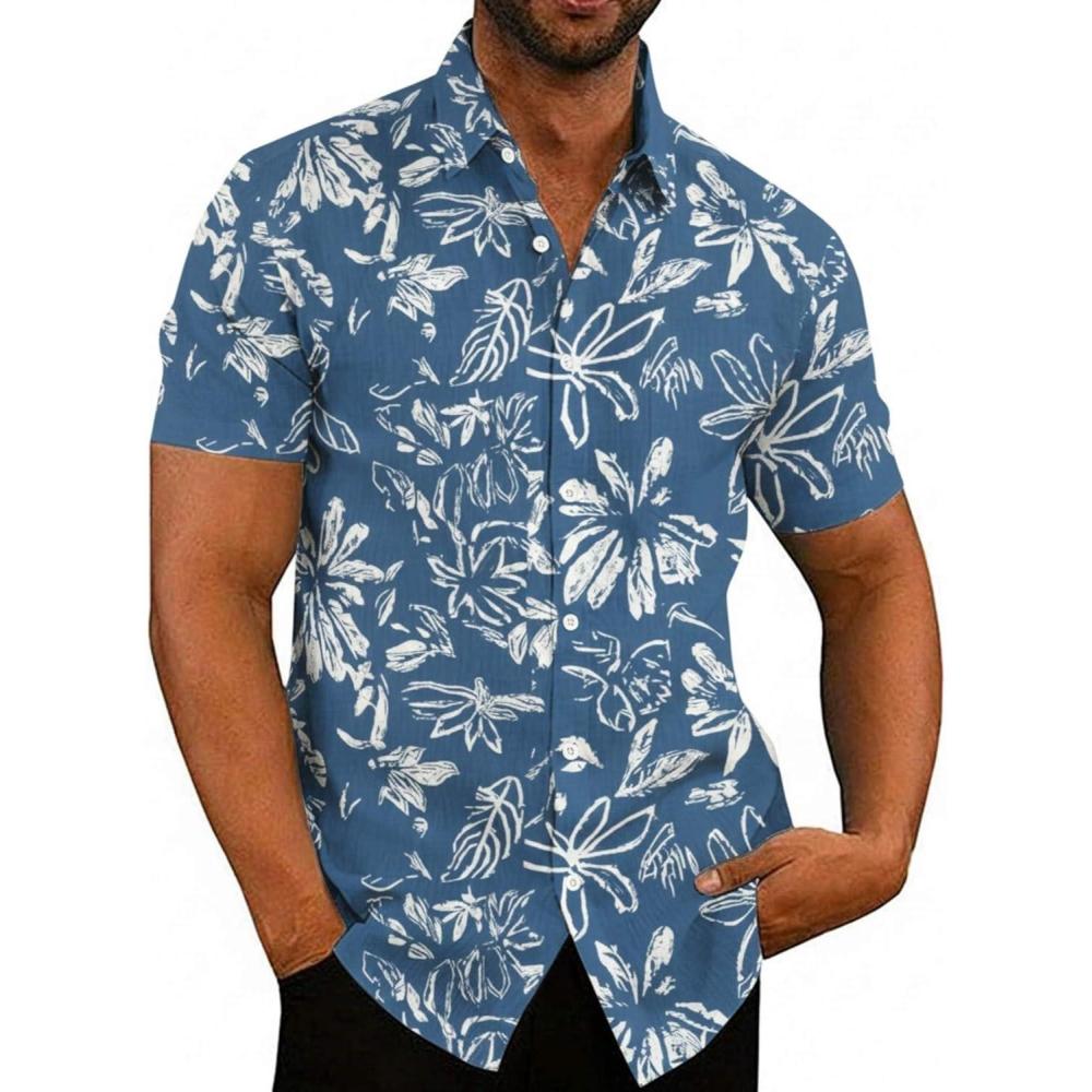 imageCOOFANDY Mens Casual Button Down Shirts Short Sleeve Linen Shirts Summer Beach Dress ShirtBlueflower
