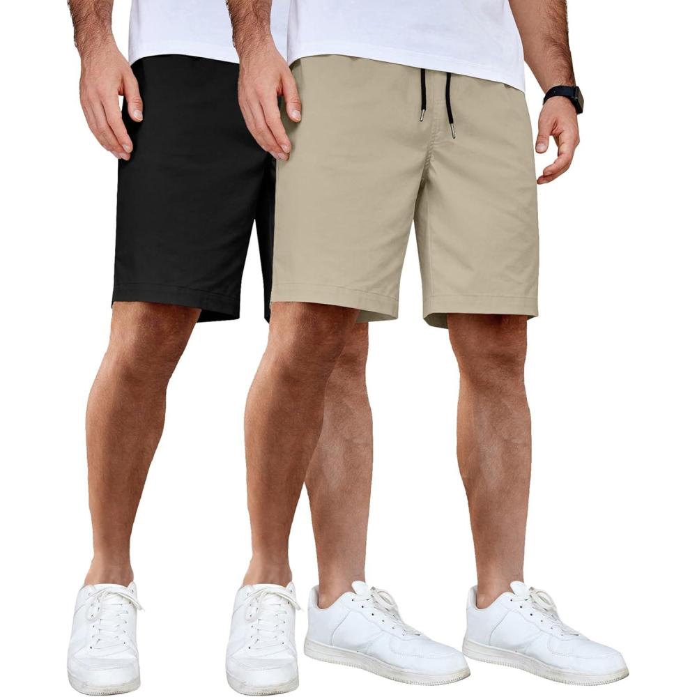 imageCOOFANDY Mens Casual Shorts Cotton Elastic Waist Drawstring Shorts Lightweight Summer Beach Shorts2 Pack Black Light Khaki